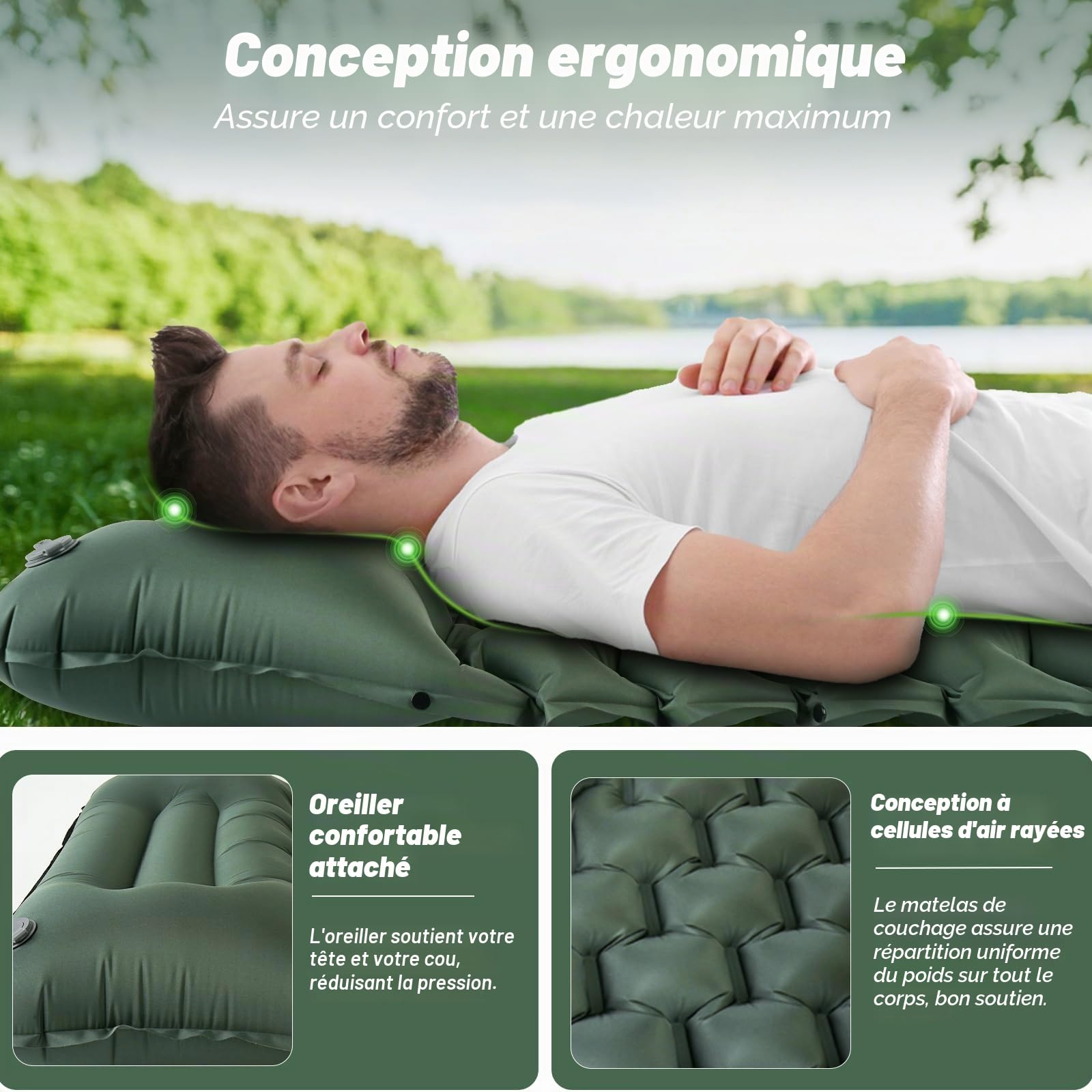 JATEKA Matelas Gonflable 1 Place, Matelas Camping Ultra Léger avec Pompe à Pied et Oreiller, Matelas Gonflable 1 Place Résistant à l'eau Portable et Compact Randonnée/Plage/Tente - Vert Militaire