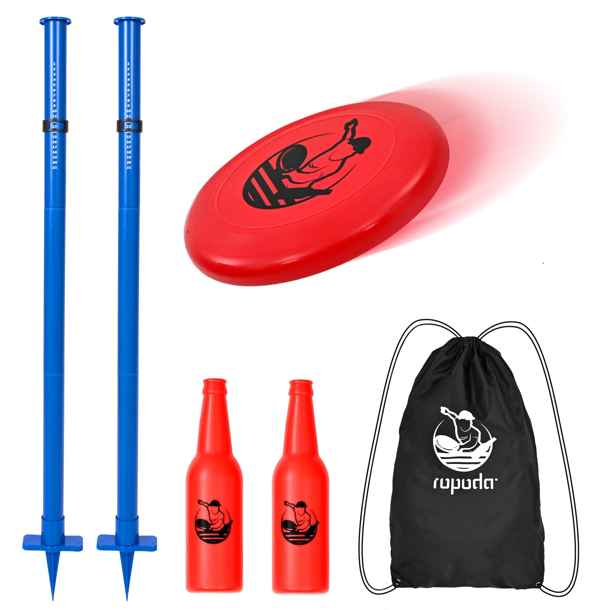ropoda Juegos al aire libre - Juego de disco volador mejorado con estaca de tierra reforzada (incluye 2 extra), juego de lanzamiento de disco portátil para césped y playa con poste más grueso