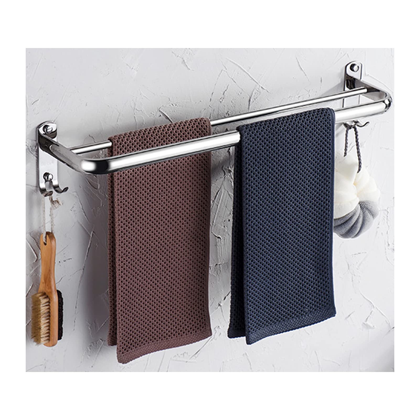 LMYSXAOZ Wall Mounted With Hook Towel Bar Rail, SUS 304 Stainless Steel Holder, Bathroom Double Rack, Holder Kitchen Dish Cloths Hanger, Silver, 30CM-80CM (Size : 70cm)