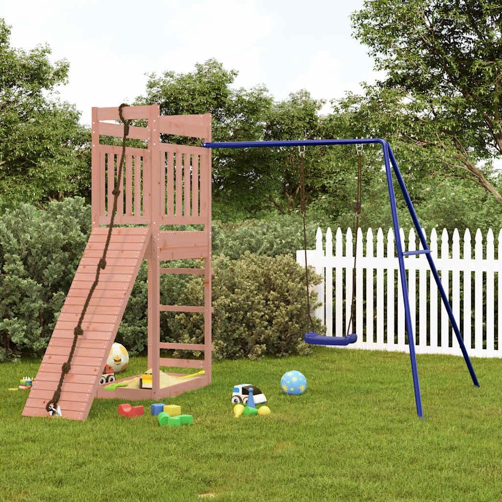 Outdoor Wooden Playset with Climbing Wall and Swing, Solid Douglas Fir Wood Rustic Design for Backyard, Sturdy A-Shaped Legs and Polypropylene Swing Seat