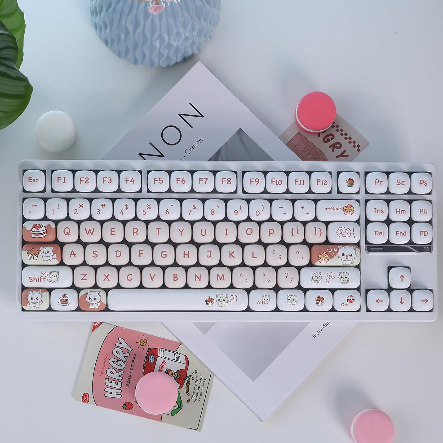 Sumgsn PBT Cute Cat Keycaps, Red MOG Profile Keycap, 139 Keys Rounded Custom Keycap Set for Mx Cherry Mechanical Keyboard 60 75 100 Percent (Light red)