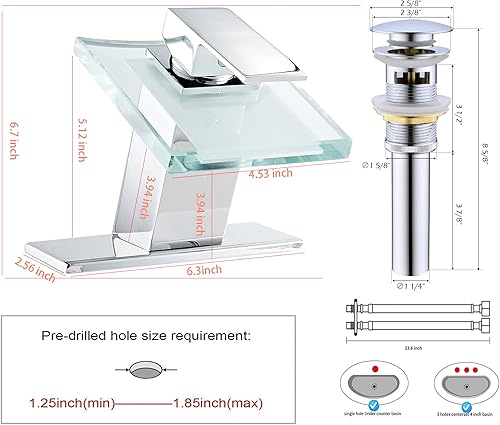 Miniatura 4 de Grifo de cascada de baño Caño de cristal LED cromado con tapón de drenaje de desbordamiento de una sola manija, un agujero, diseño moderno, grifo de