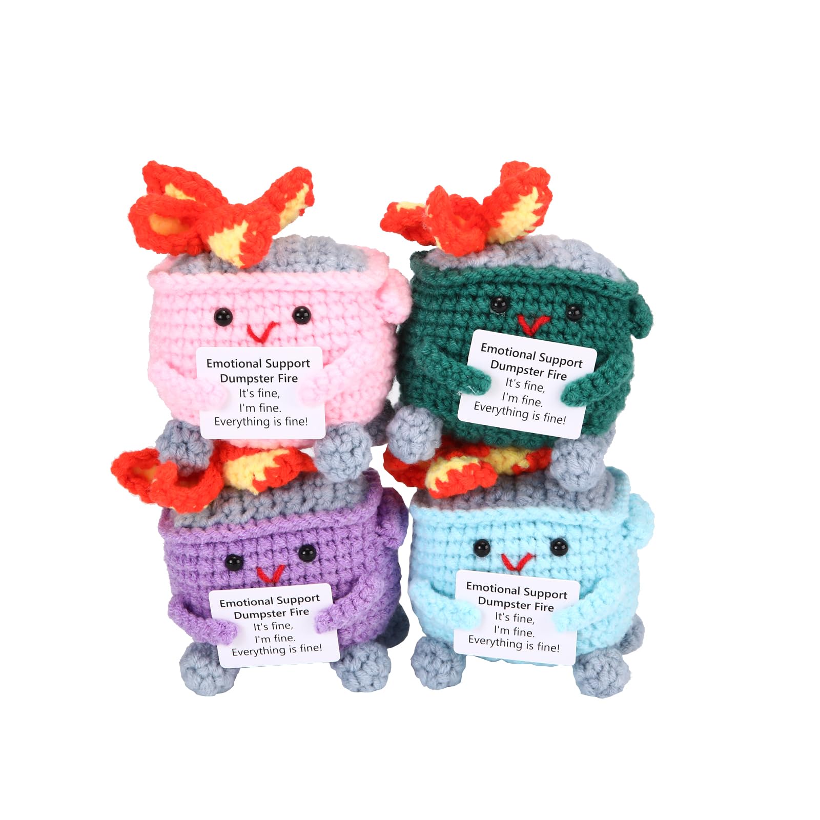 RovyFota Emotional Support Crochet Dumpster Fire with Positive Card Cute Room Decor Knitted Toys Funny Crochet Support Buddies Gifts for Friends (Green&amp;Pink&amp;Blue&amp;Purple)