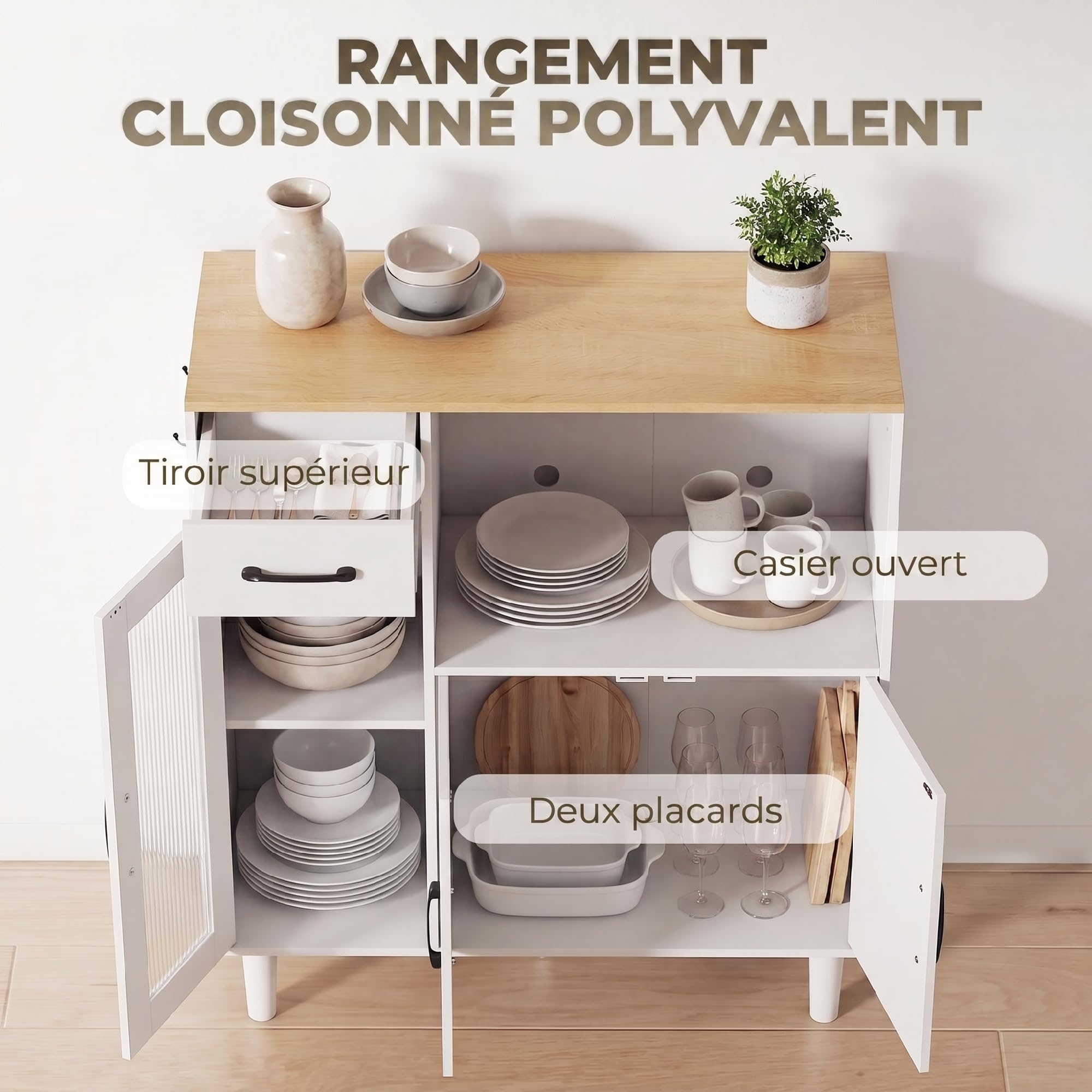 HOMCOM Buffet Cuisine 1 Tiroir 3 Portes 80 x 34 x 91 cm Blanc et Chêne