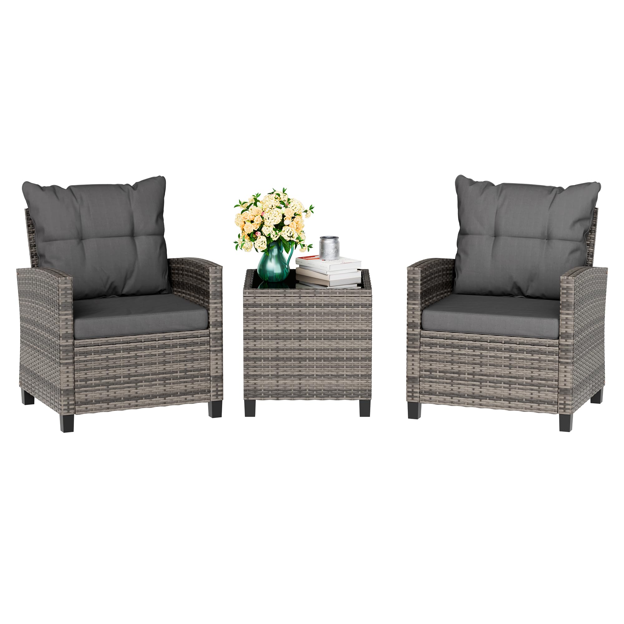 Vongrasig 3 Piece Patio Furniture Set Small Outdoor Wicker Rattan Front Porch Bistro Set Cushioned Patio Chairs Conversation Set with Glass Table for