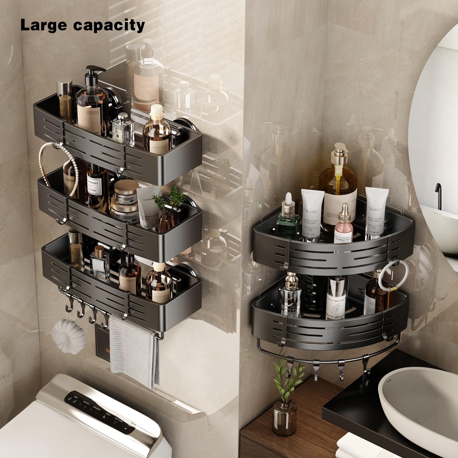 Voldra Mensola Doccia Ventose Senza Foratura, 2 Pezzi Porta Sapone Per Doccia Porta Bagnoschiuma da Doccia con Portasciugamani e Ganci Bagno Portaoggetti Shampoo Shower Shelf(Grigio)