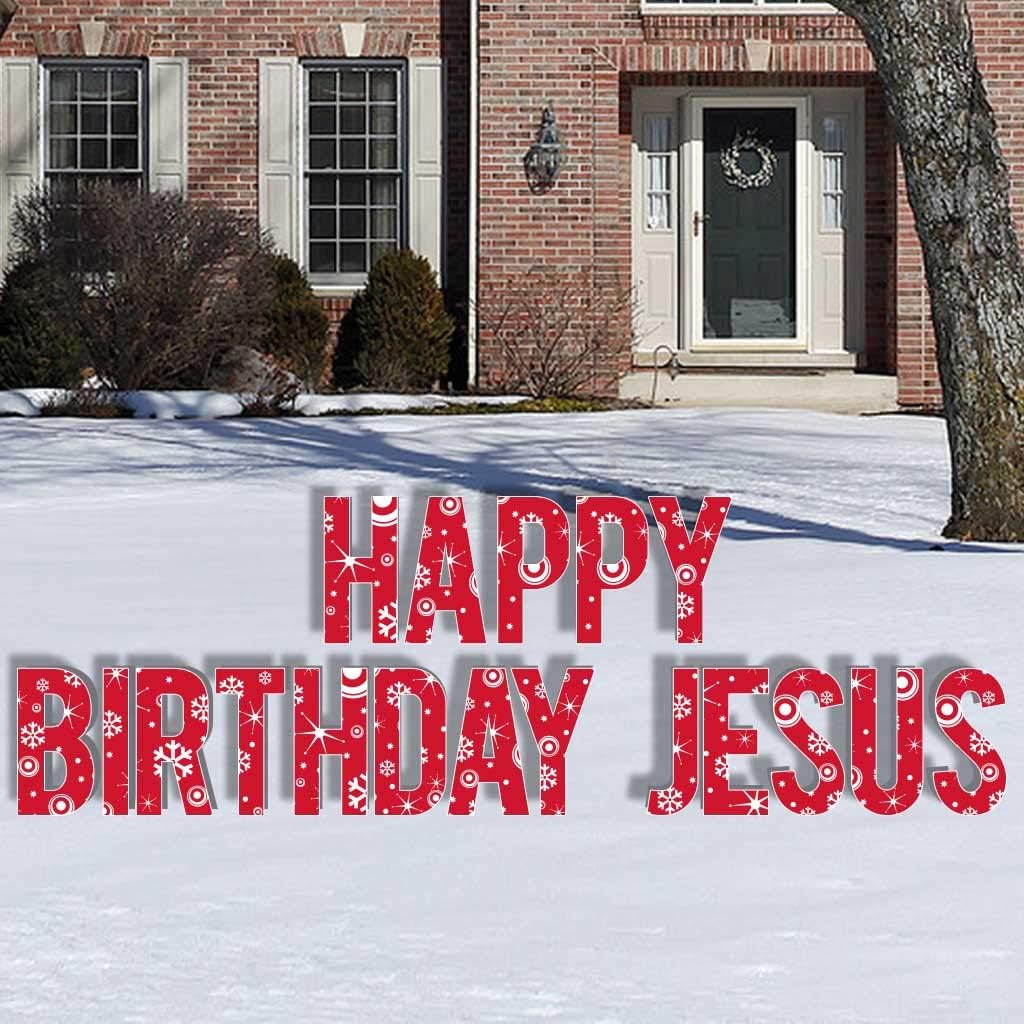 Happy Birthday Jesus Yard Sign Letters with Stakes, 18-Inch Red Snowflake Letters, Religous Christmas Yard Decoration by VictoryStore, Outdoor Holiday Decoration