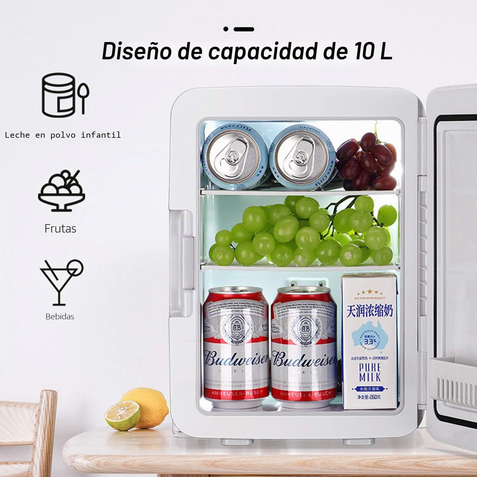 Mini Nevera Con Congelador De 10L, Pequeña Para Acampar, 12V/220V, Minibar Silencioso, Para Cosméticos, Plata