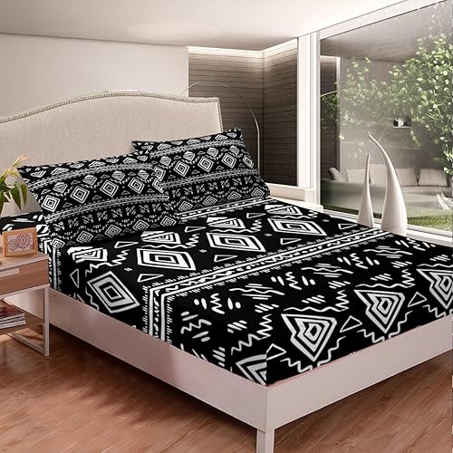 Miniatura 3 de Erosebridal Juego de sábanas tribales boho aztecas, color negro y blanco, étnico bohemio, tamaño Queen, occidental, suroeste, sábana bajera