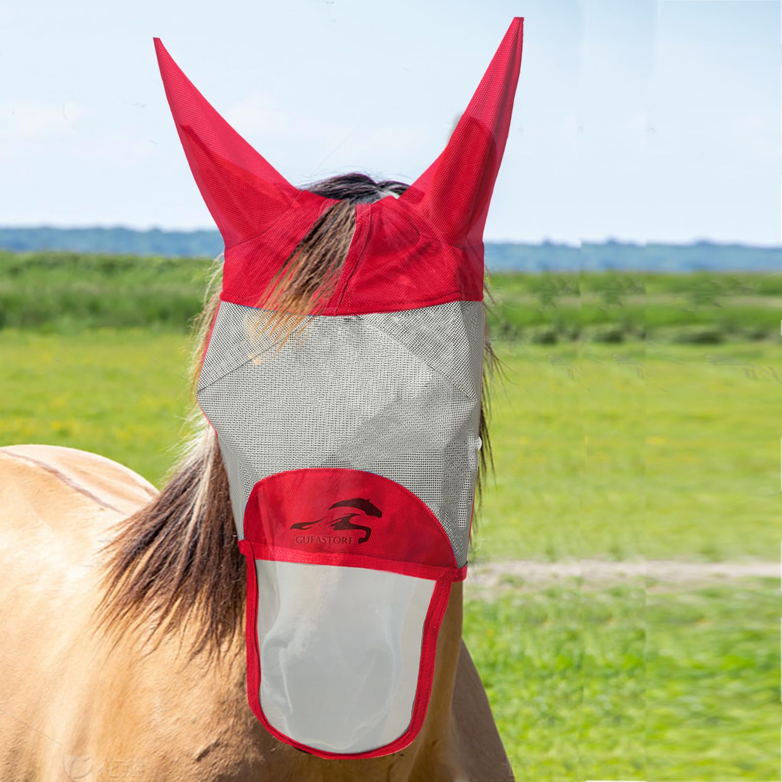 Masque anti-mouches pour cheval avec long nez anti-uv protection oreilles rouge taille S