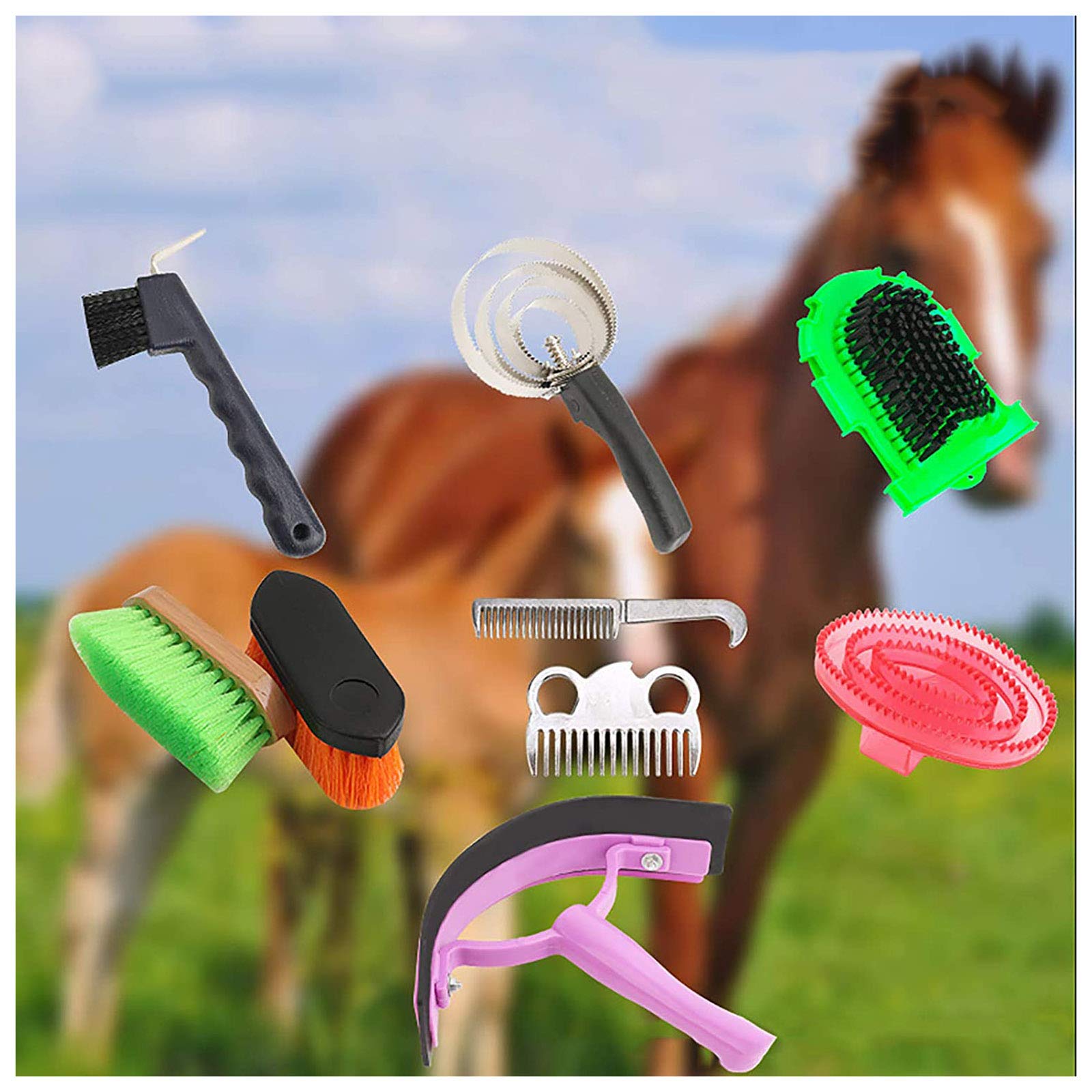 Juego de 9 Piezas para el Cuidado de la preparación del Caballo, Cepillo portátil de Equestrain, Juego de Herramientas de Limpieza para Caballos Harrow, raspador de Sudor para Caballos
