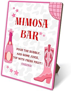 Disco Cowgirl Mimosa Bar Sign, Country Baby Shower Supplies, Bar Sign For Baby Shower Wedding Reception Event Party, Bridal Shower Decorations, 8x11 Inches Tabletop Decor, Wood Sign With Stand, b18
