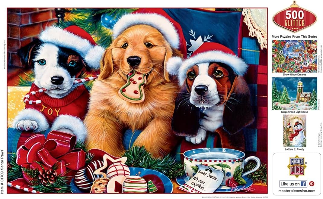 MasterPieces 500 Piece Glitter Christmas Jigsaw Puzzle - Santa Paws - 15"x21"
