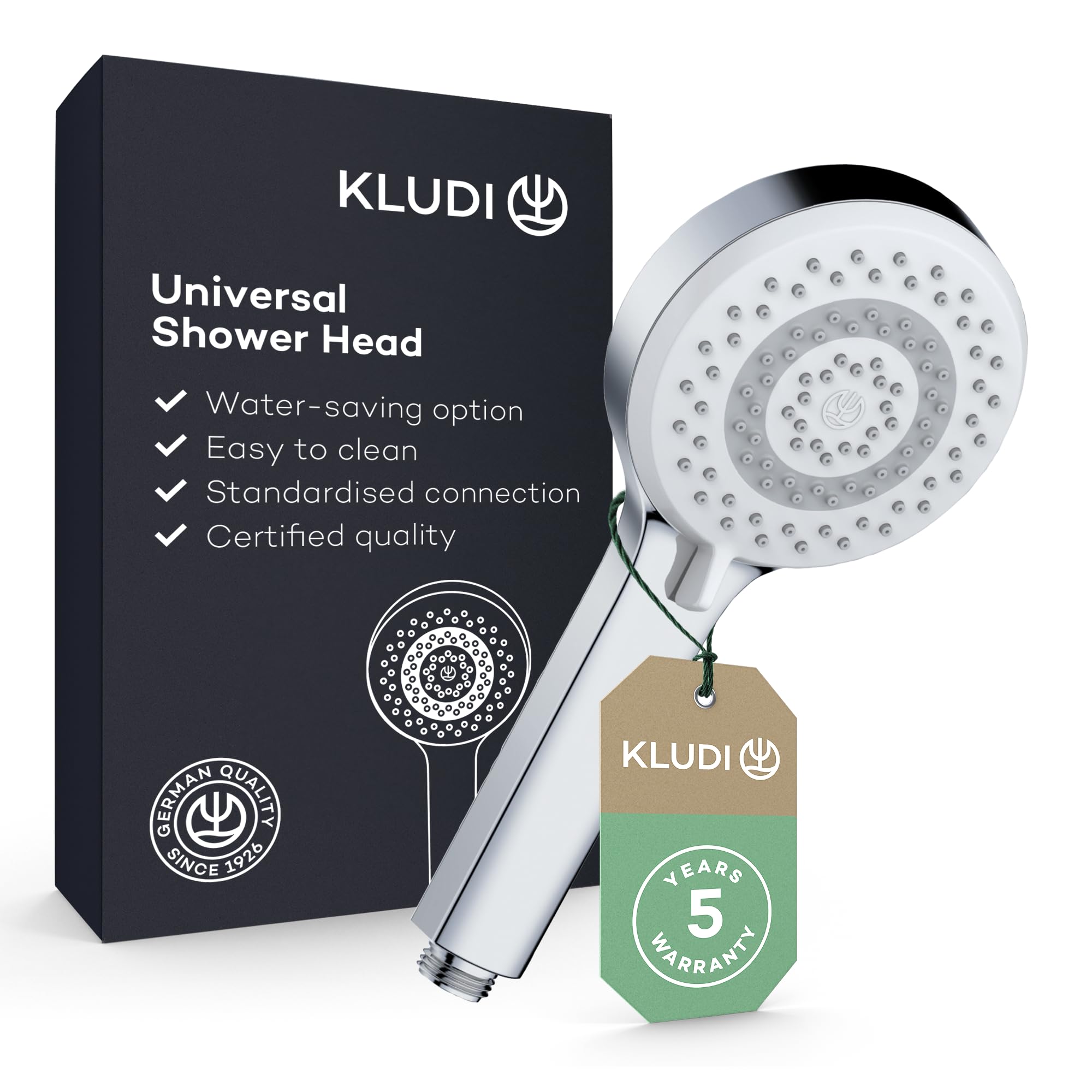 KLUDI -X1 uniwersalna słuchawka prysznicowa oszczędzająca wodę jako opcja, słuchawka prysznicowa z 3 rodzajami strumienia (body, włosy, skóra), łatwa w czyszczeniu głowica prysznicowa Ø 10,7 cm, z