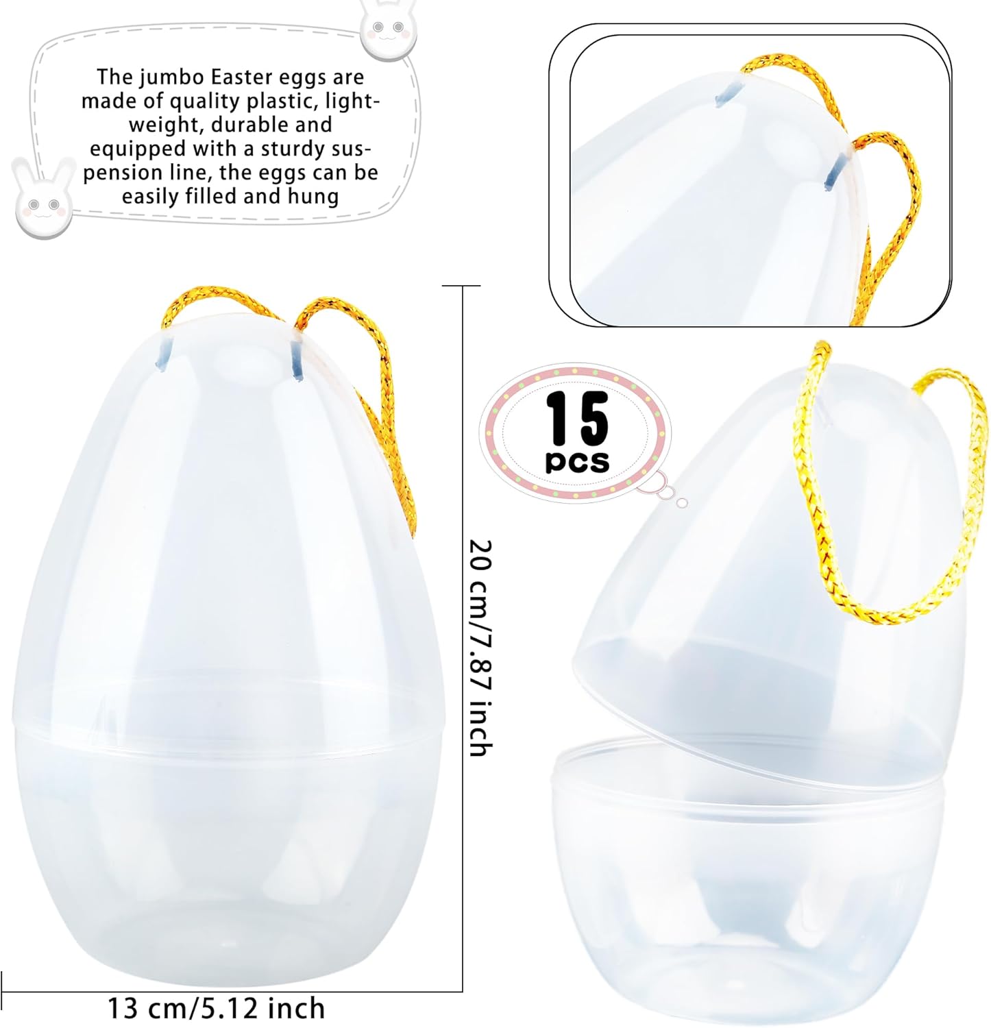 15 Pack 8 Inch Jumbo Easter Eggs Large Empty Fillable Eggs Transparency White Plastic Eggs with Handle Rope for Easter Basket Stuffers Egg Hunt Supplies