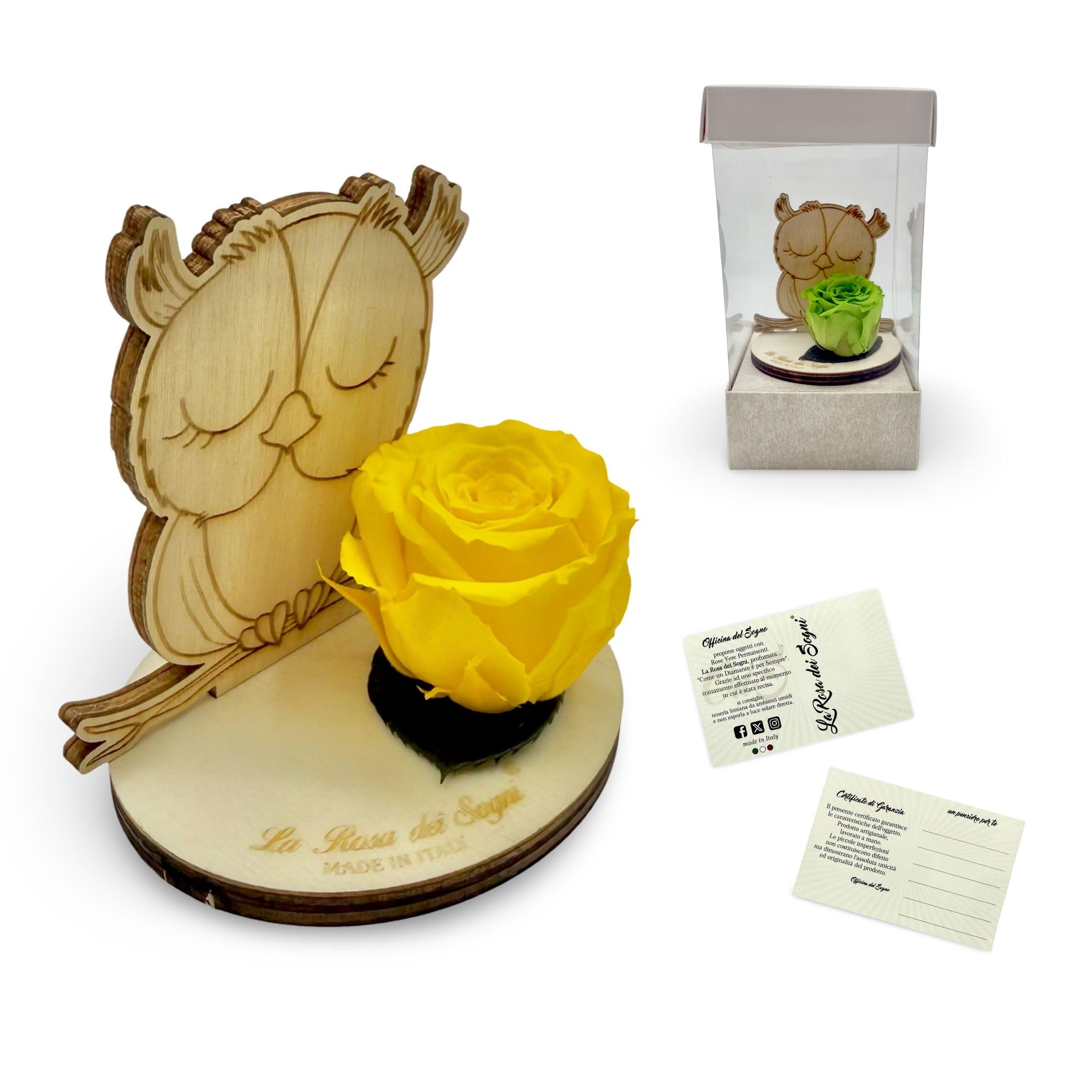 Rosa Stabilizzata con Gufo in Legno Intaglio Laser– Fiore Naturale a Lunga Durata, Scatola Elegante – Made in Italy (Giallo)