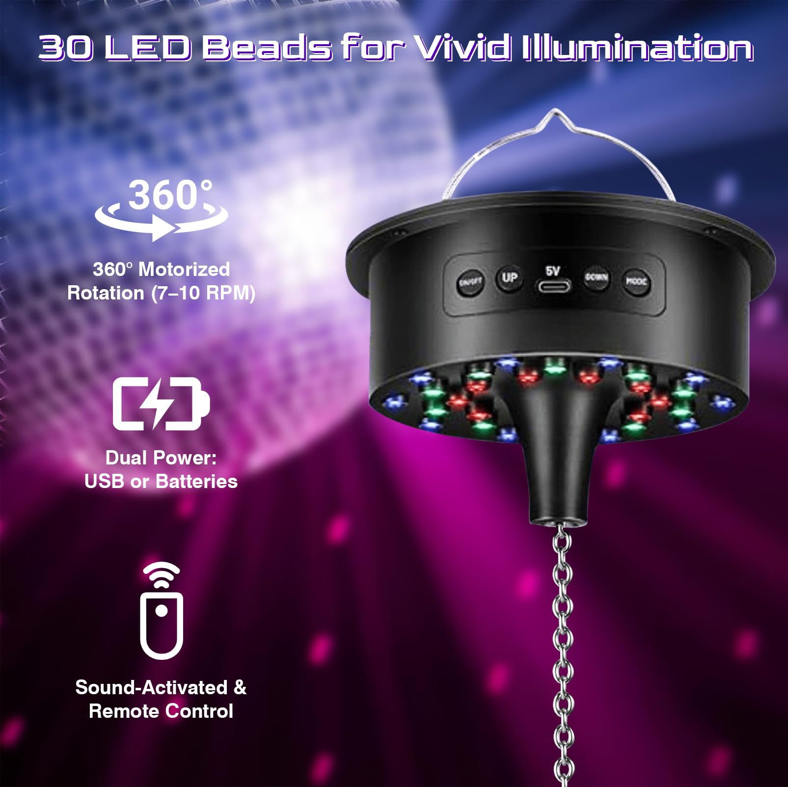 Bola de discoteca con motor y luz, bola de espejo de 20 cm con 30 perlas LED, 6 modos de color, 3 programas, mando a distancia y control de sonido, funciona con USB/batería para fiestas, discotecas