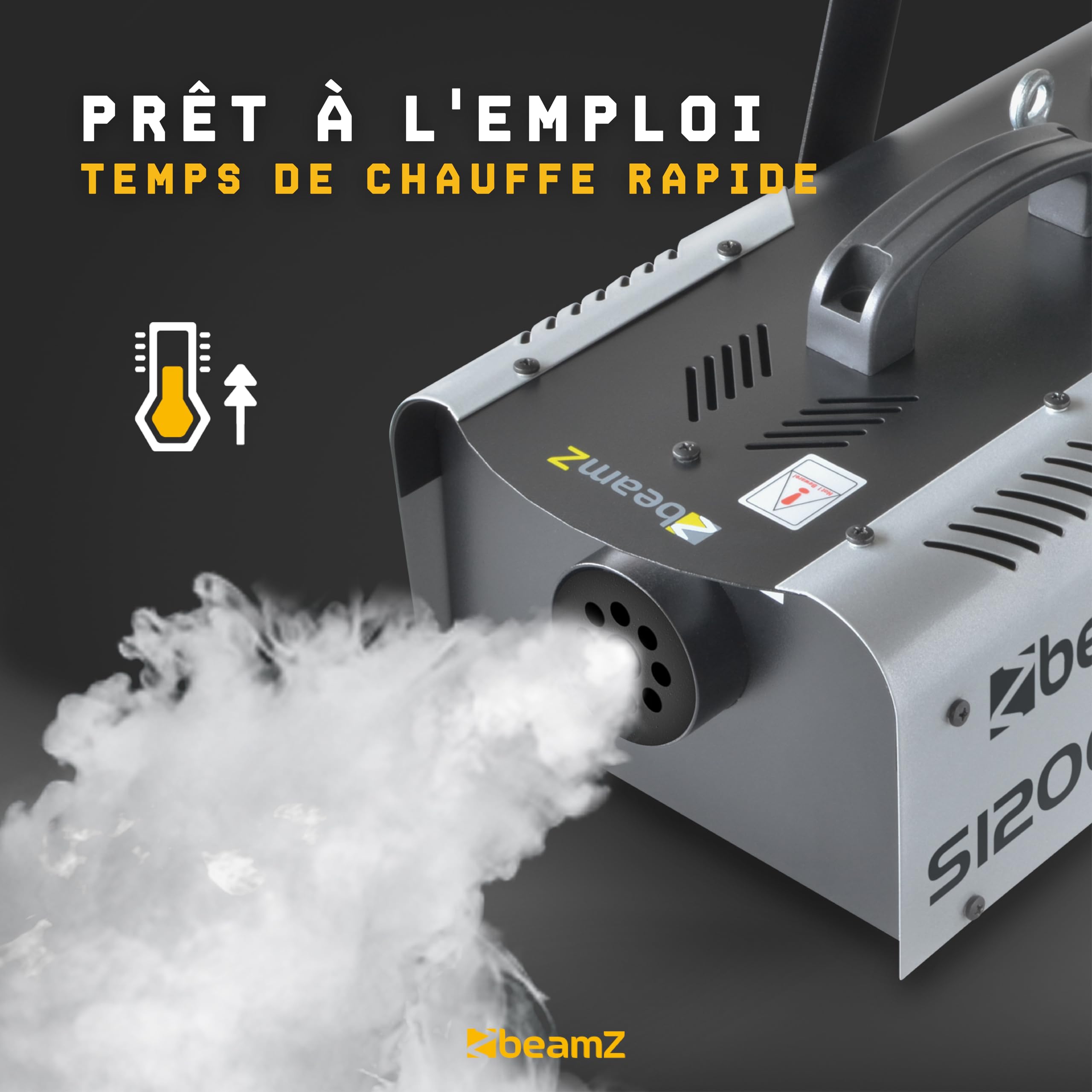 BeamZ S1200 Machine à Fumée 1200 Watts, Télécommande avec Contrôle du Débit et Programmateur, Réservoir 2.5 L, Débit par Minute 215m³, Étrier de Montage, Idéal pour Scène ou Discothèque