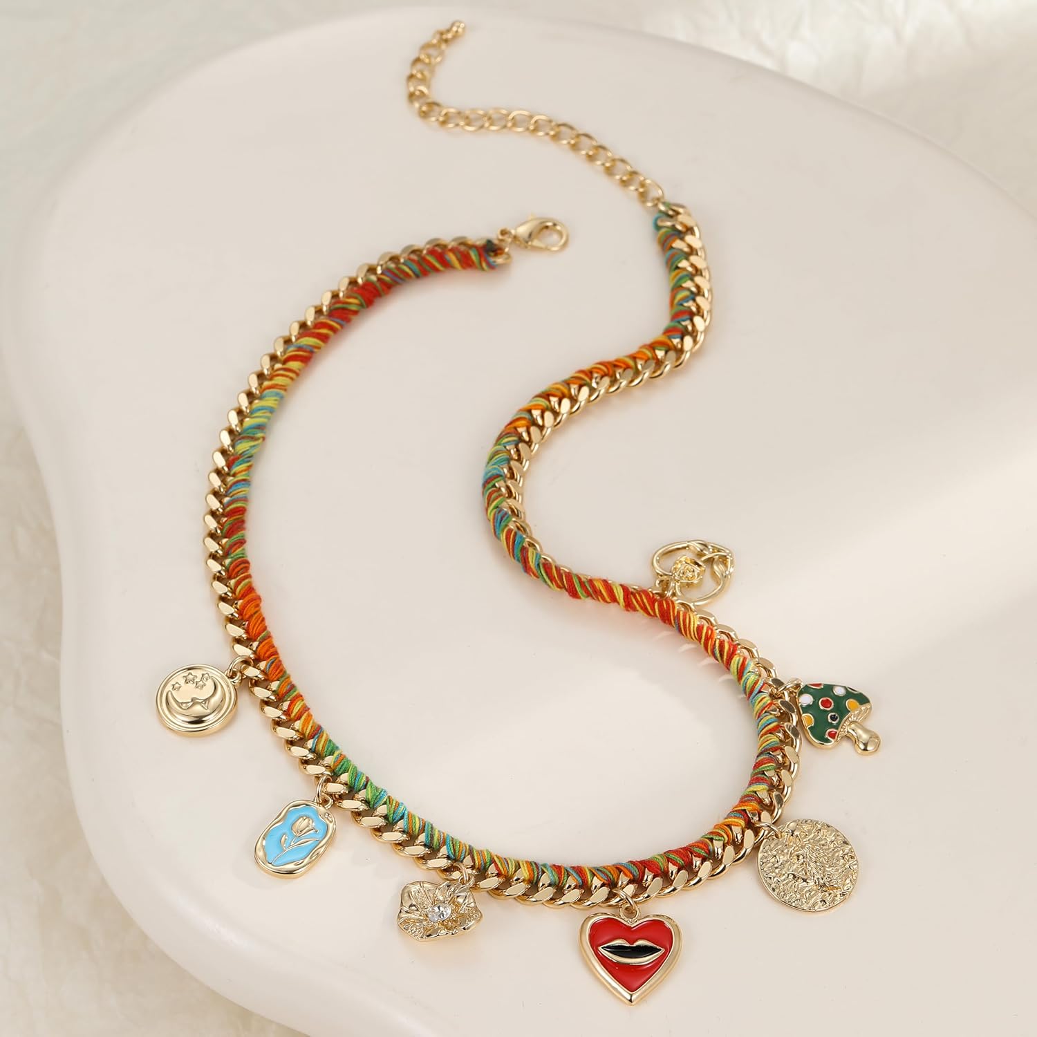 Colorful Charms Pendant Necklace for Women Multicolour Rope Gold Cuban Link Chain Statement Necklace - Image 5