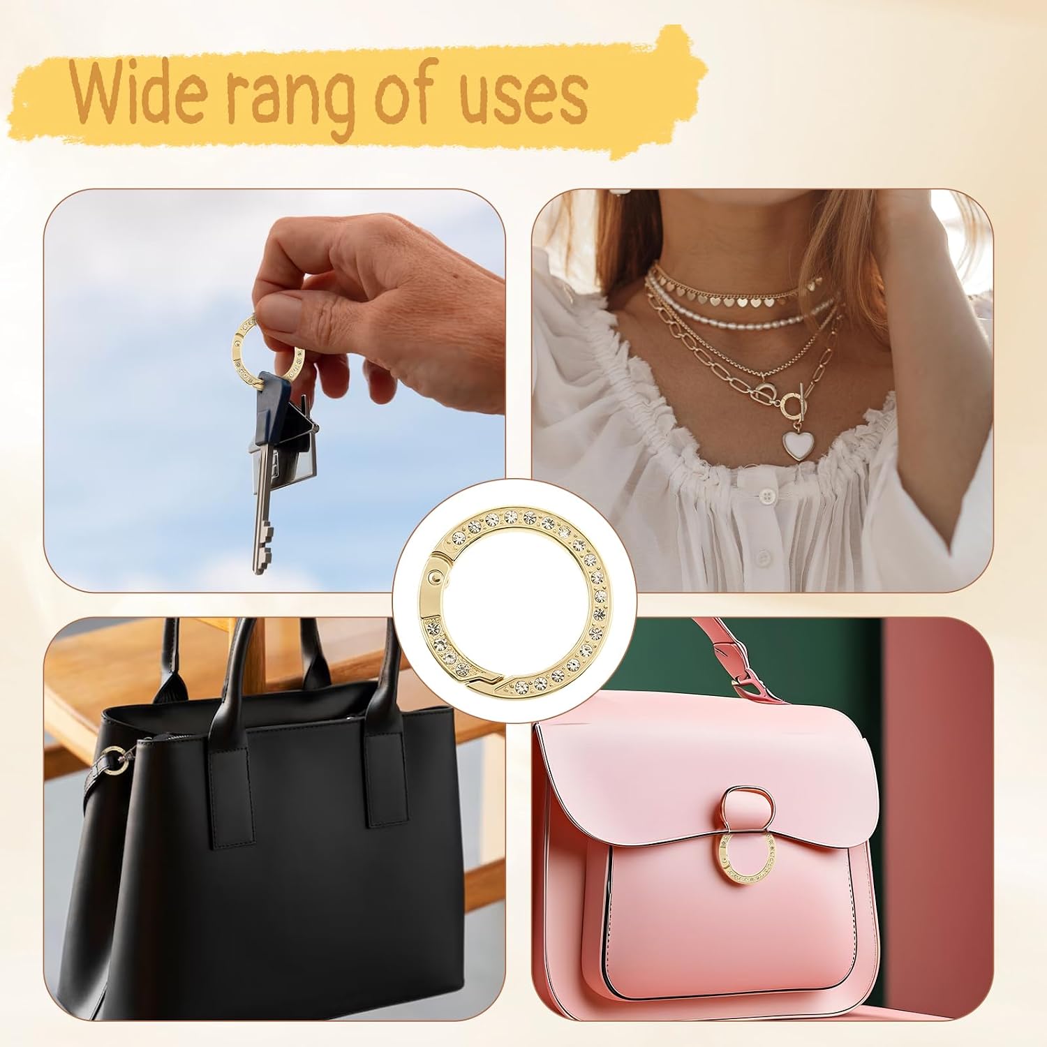 4 Pcs Round Carabiner Keyring Gold Bling Rhinestones Keychain Metal Spring O Rings Simple Snap Clip Buckle Key Chain Ring Hook Clip DIY Accessories for Bag Purse Handbag Jewelry Car Keychain Making image 5