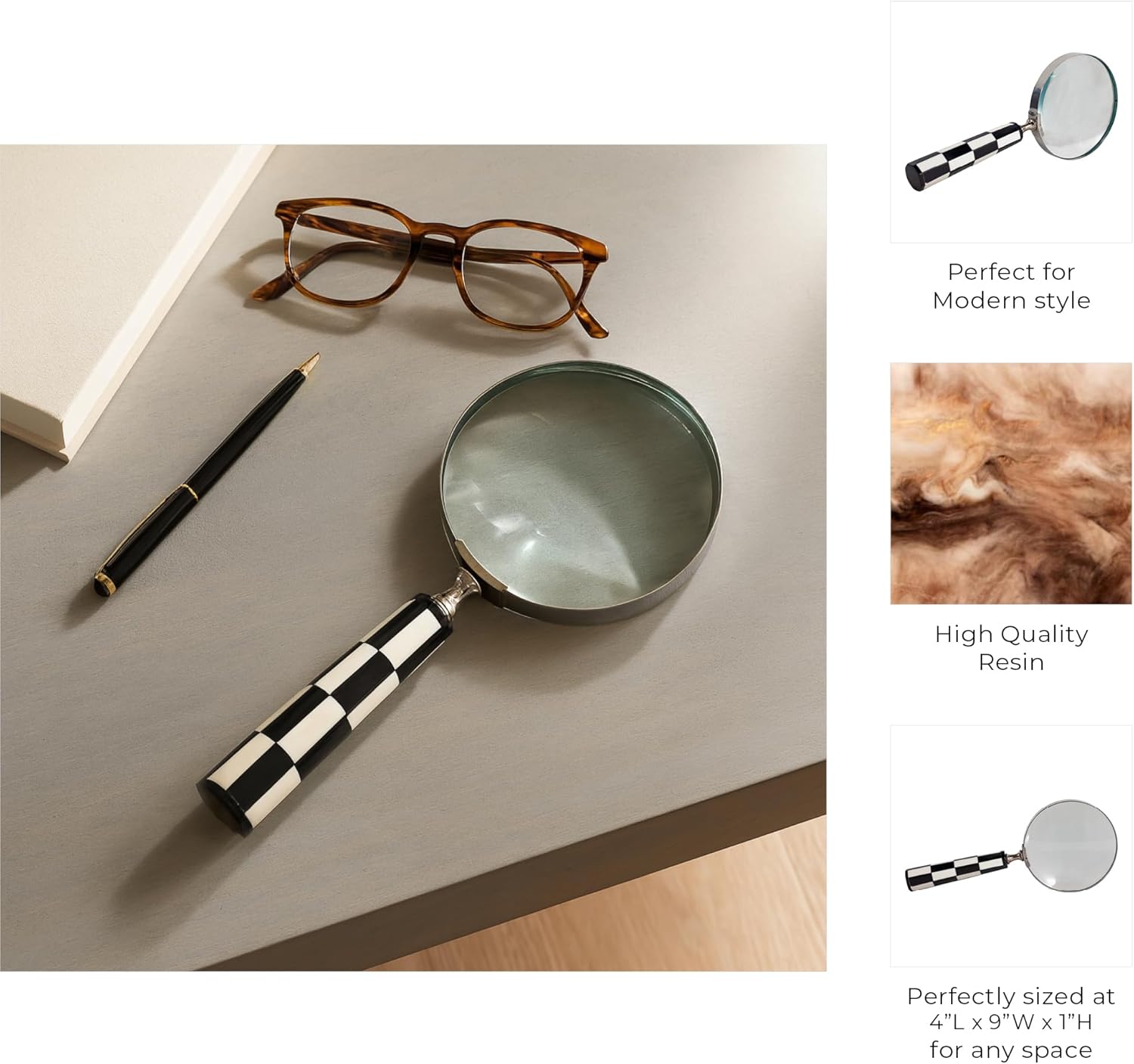 Decorative Magnifying Glass with Geometric Handle for Home Decor - Elegant Office Desk Accessory, Living Room, or Shelf Accent - Ornament for Coffee Table Decor or Entryway - 1", Black & White