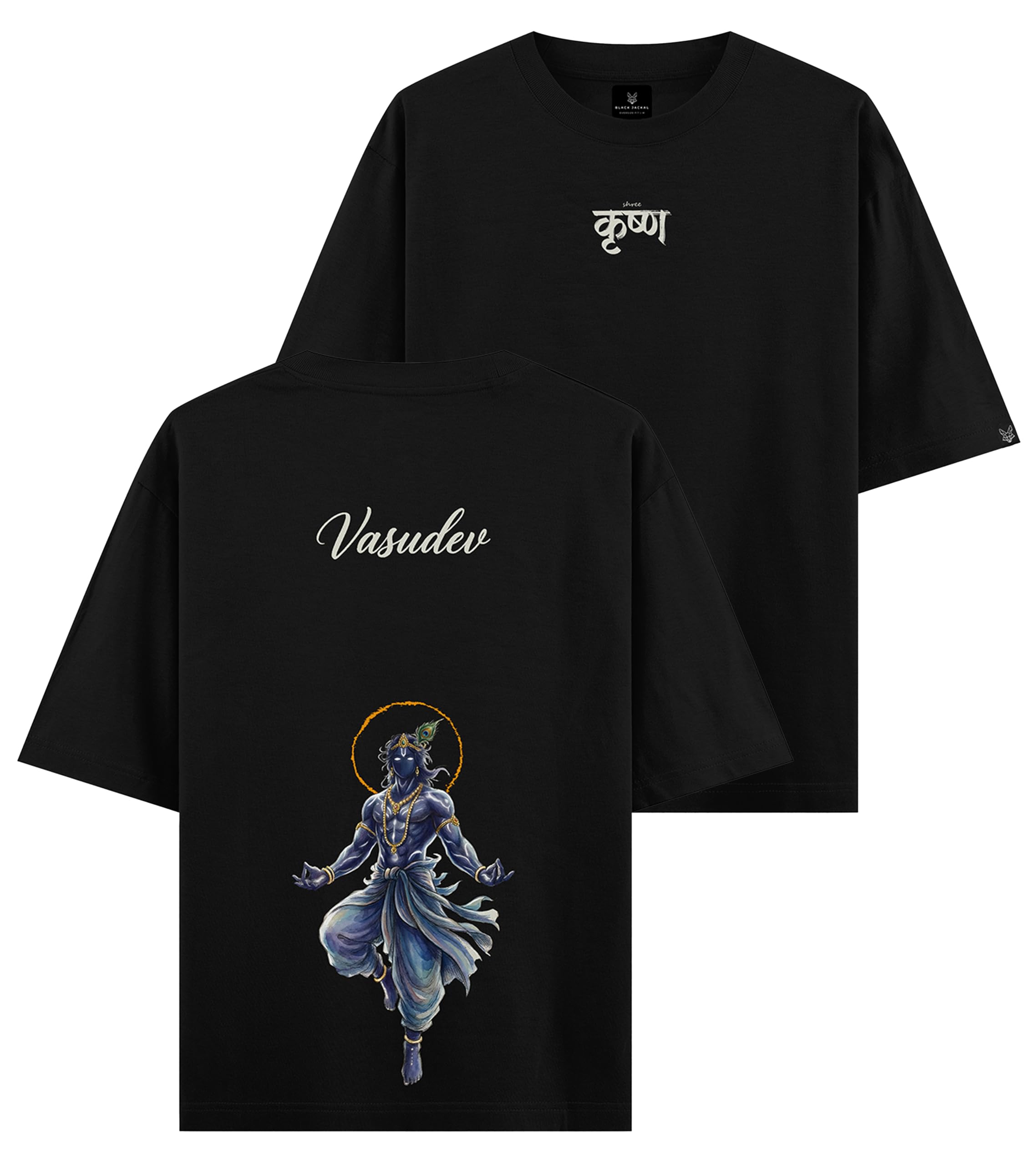 Black Jackal | Lord Krishna Oversized T Shirt Graphic Printed Back Design Vasudev Krishna Devotional Tee Baggy Drop Shoulder Half Sleeve Cotton Oversize Tshirt Casual-picture-29