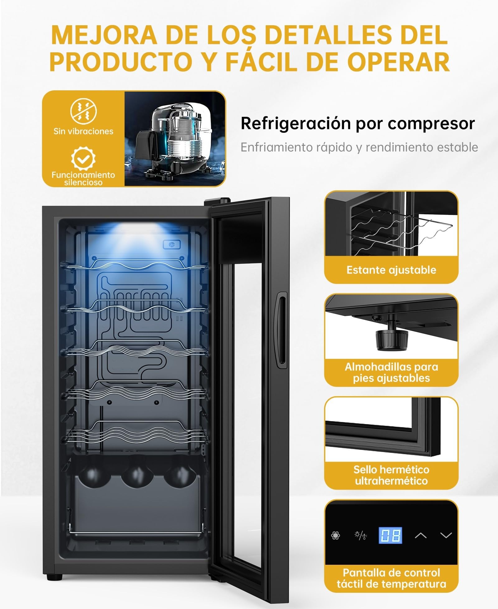 WIE Vinoteca, 18 Botellas Nevera Vinos, 53L Vinoteca Pequeña, Protección UV, Control Táctil, Iluminación LED, 5-18°C, para Vino Tinto, Vino Blanco, Cerveza, Bar Interior/Cocina/Hotel