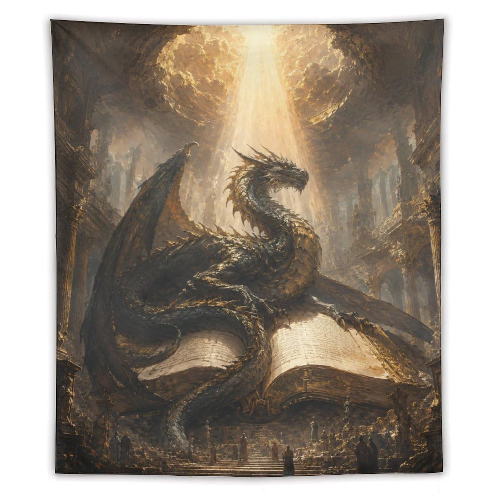 W7C8U2X3 Dragon Rising from Open Book Wall Tapestry, Surrealist, Backdrop