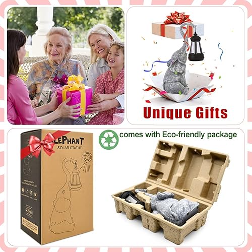 Goodeco Elefante con linterna solar y estatua de pescador para decoración de jardín con atractivo de regalo, regalos de buena suerte