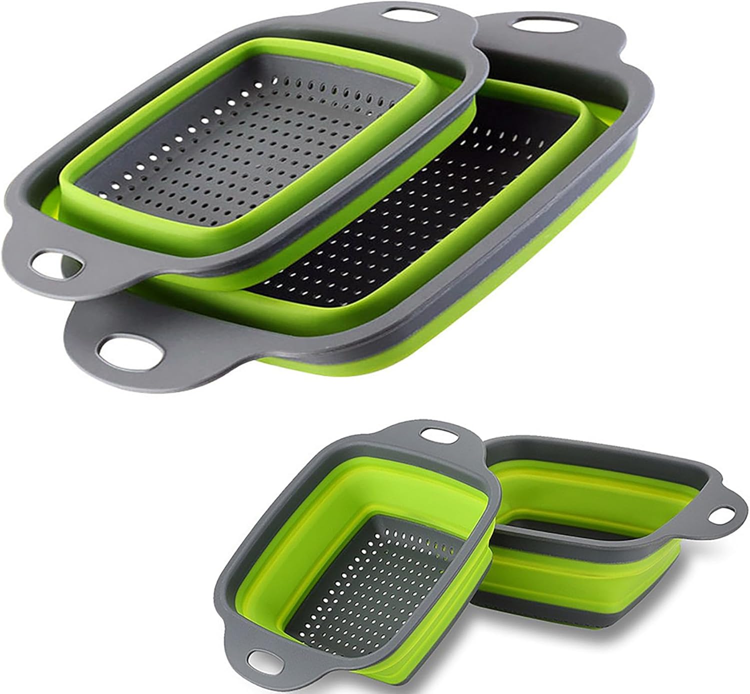 2-Pack Collapsible Colanders Set of Silicone Kitchen Strainer Set,Food Strainers(Small/Large),Easy Storage,Perfect for Draining Pasta,Vegetable and fruit for Kitchen and Travel Use(Green)