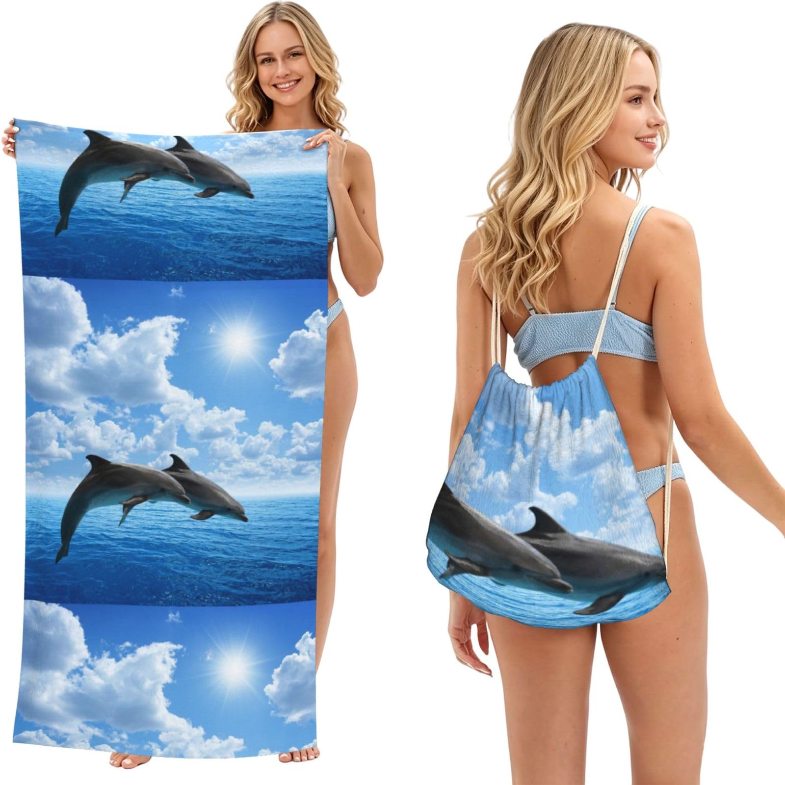 Poadnly As Picture Two Dolphins, 2 In 1 Packable Towel Bag, Beach Towels With Drawstring Backpack For Travel Holiday Camping