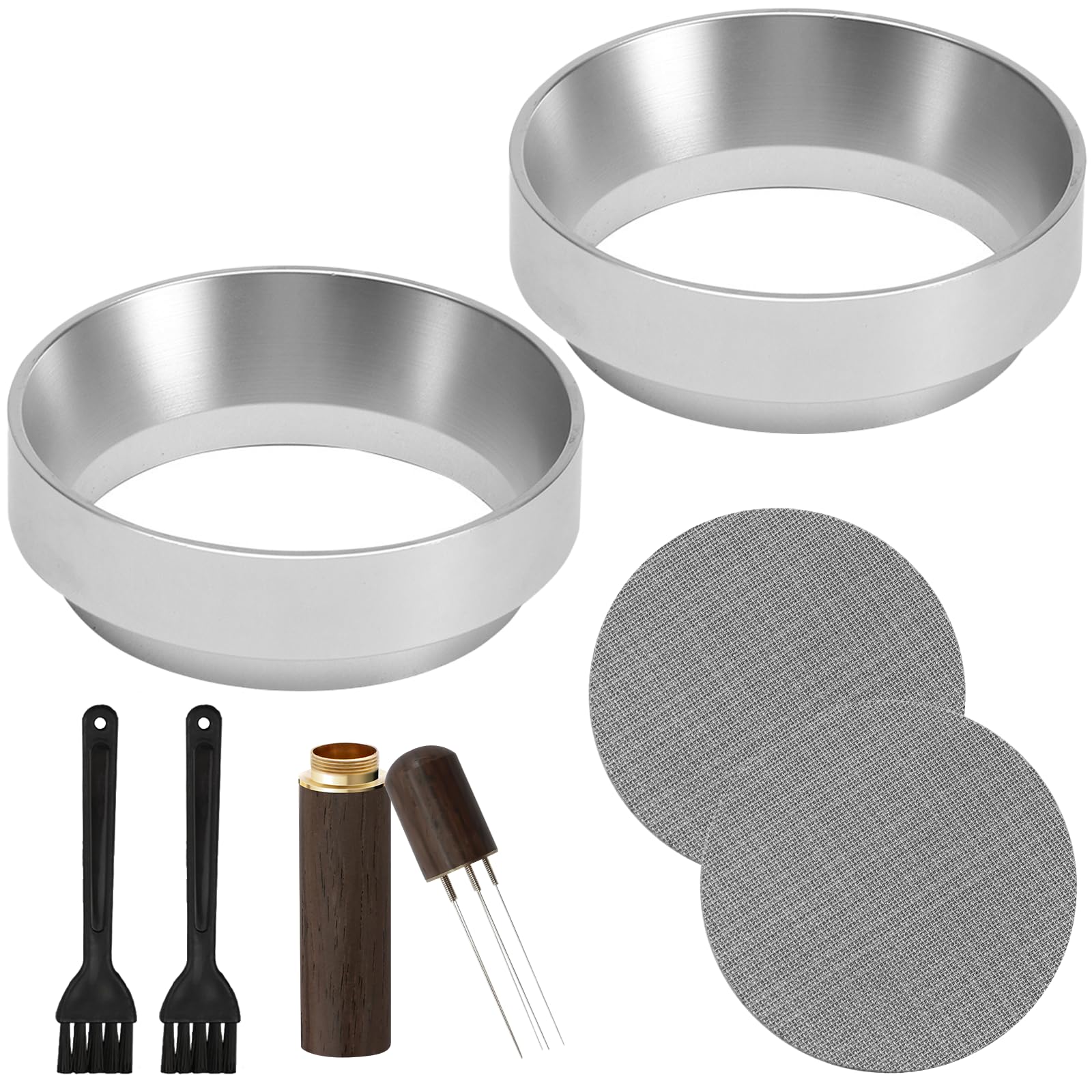 BORISCA 7 Pcs Magnetic Espresso Dosing Funnel with Filter, Brush, Cloth Powder Needle, Silver Aluminum Alloy 58mm Espresso Dosing Funnel, Portafilter 58mm for Barista, Home, Cafe