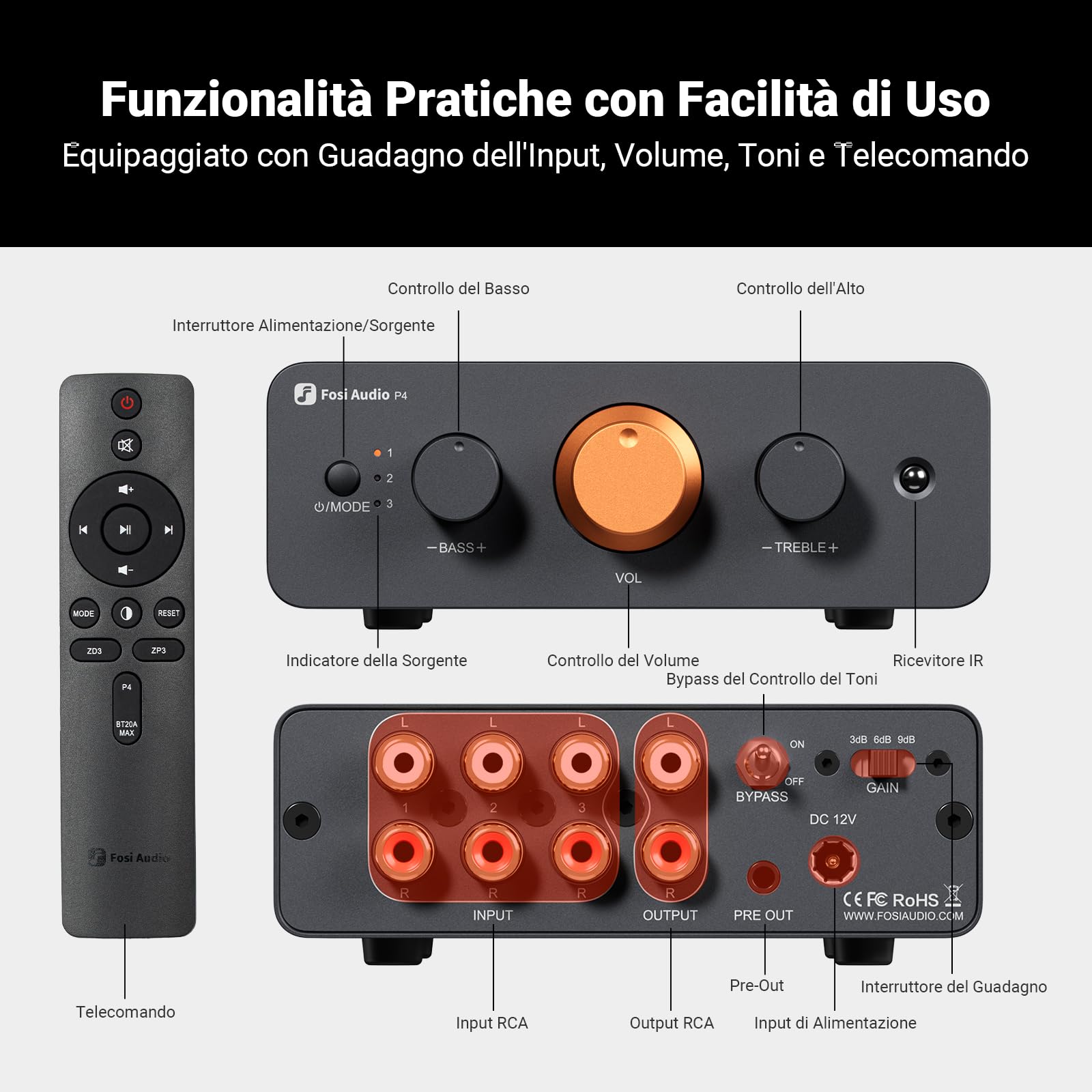 Fosi Audio P4 Mini Preamplificatore Stereo con 3 Ingressi RCA, Guadagno Regolabile 3/6/9 dB, Controlli Bassi e Alti