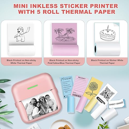 Miniatura 4 de Mini impresora de bolsillo, impresora de calcomanías con 5 rollos de papel térmico, regalo para niños, amigos, impresora portátil para fotos,