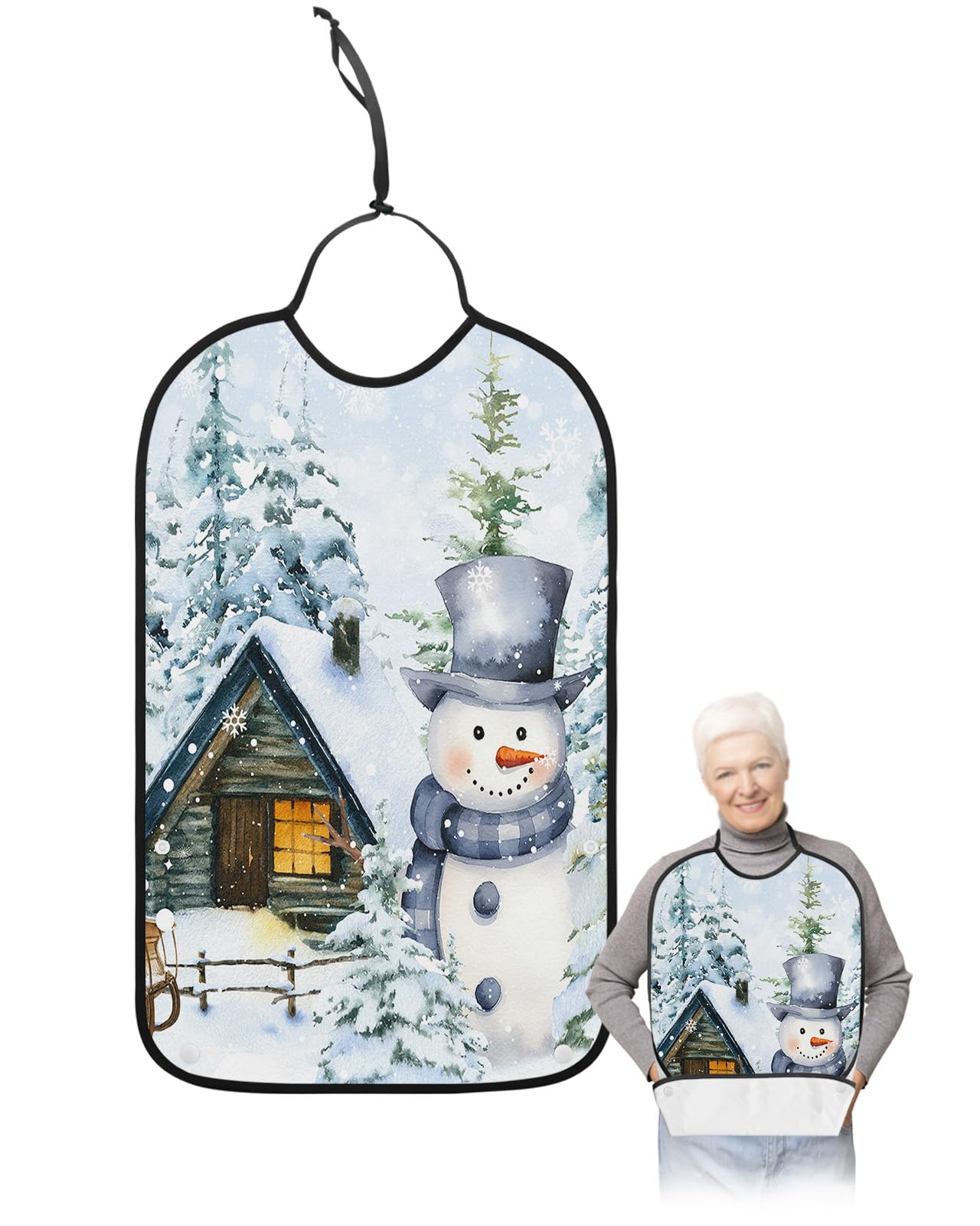 Christmas Adult Bibs for Eating, Waterproof Bibs with Food Catcher & Adjustable Snap Closure, Xmas Tree Farm Snowman Winter Snowflake Washable Clothing Protectors Adult Bibs for Elderly Women/Men