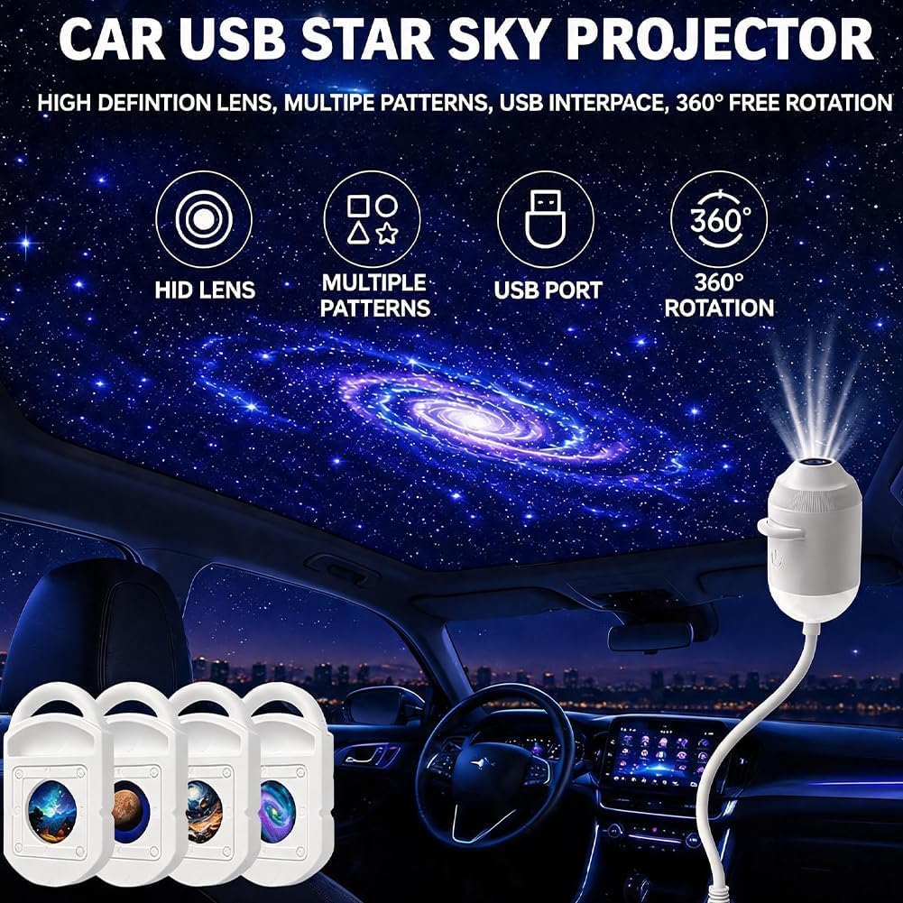 Projecteur holographique HD Intelligent Dynamique 5D, projecteur Galaxie rêve Rotatif 360°, veilleuse Projection Ciel étoilé, branchement Direct, Alimentation USB (24 Films) [Classe énergétique A]