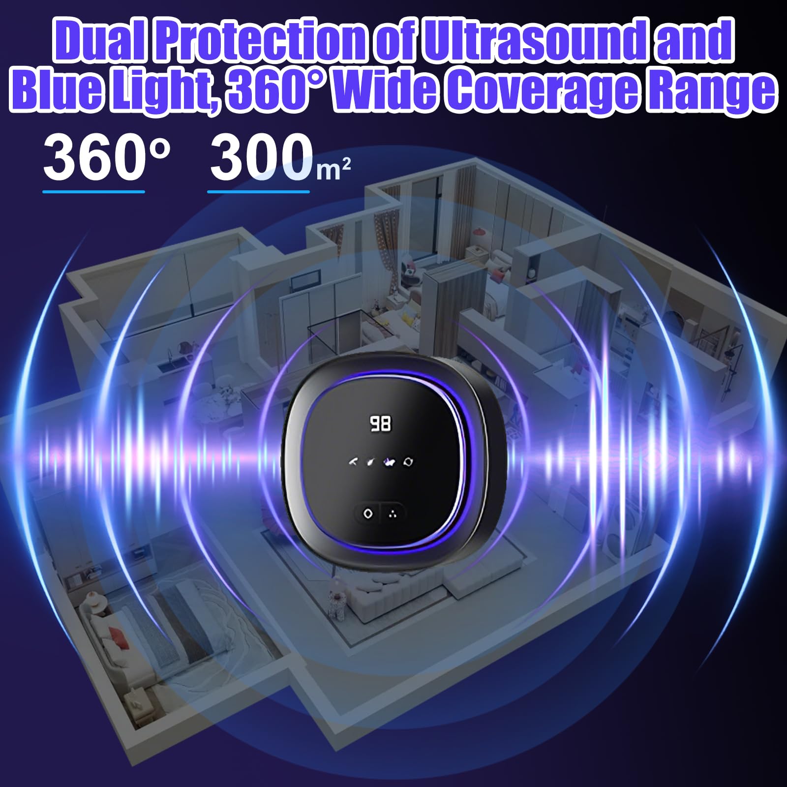 Repelente ultrasónico de ratones con luz estroboscópica LED, 360 °, repelente de mosquitos e insectos, 3 modos de trabajo, recargable 2000 mAh, defensa inalámbrica del ratón