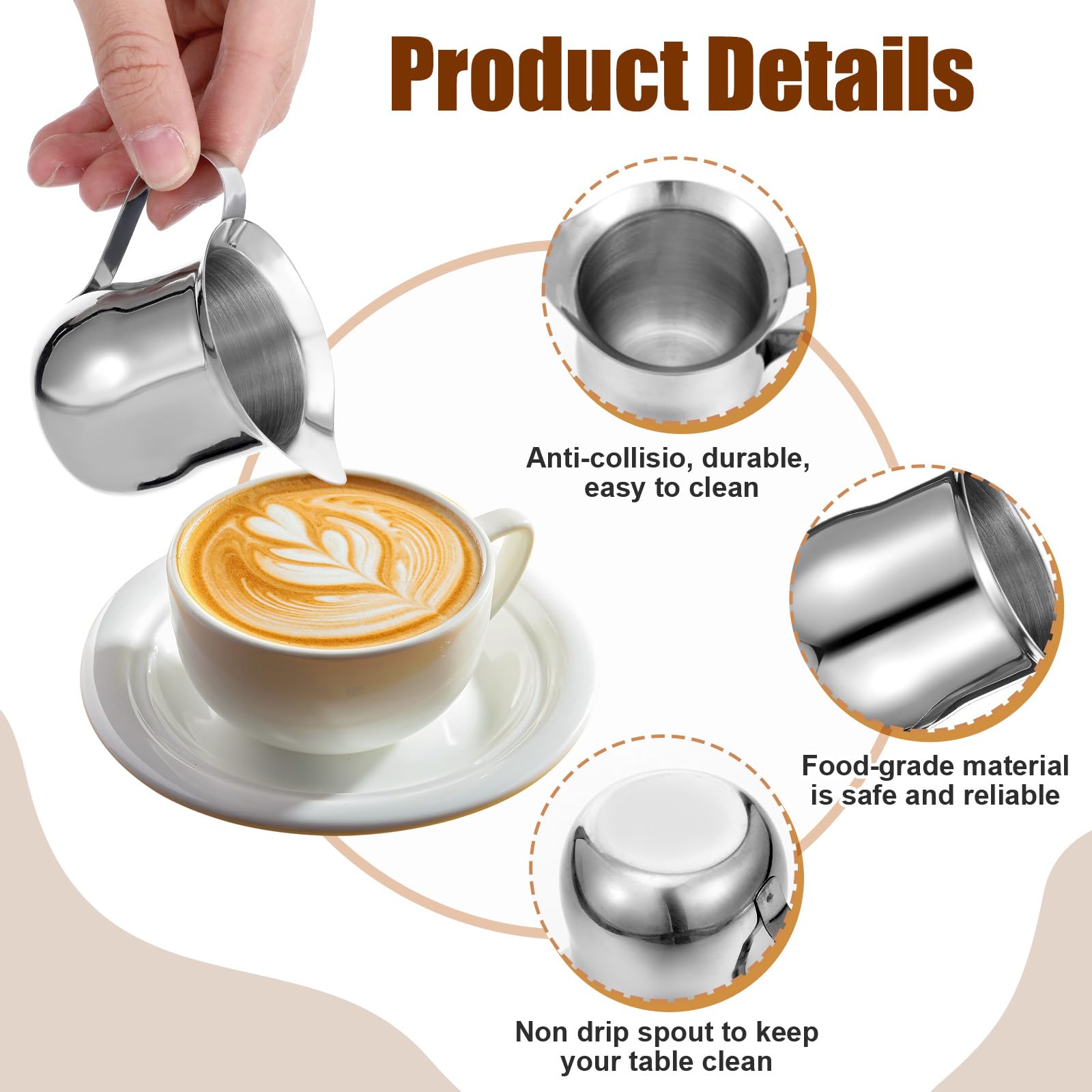 Paquete de 8 jarras para crema de 3 onzas, cremas de campana de acero inoxidable, mini dispensador de crema con boquilla de vertido para servir leche, crema de café, jarabe de arce, máquina de