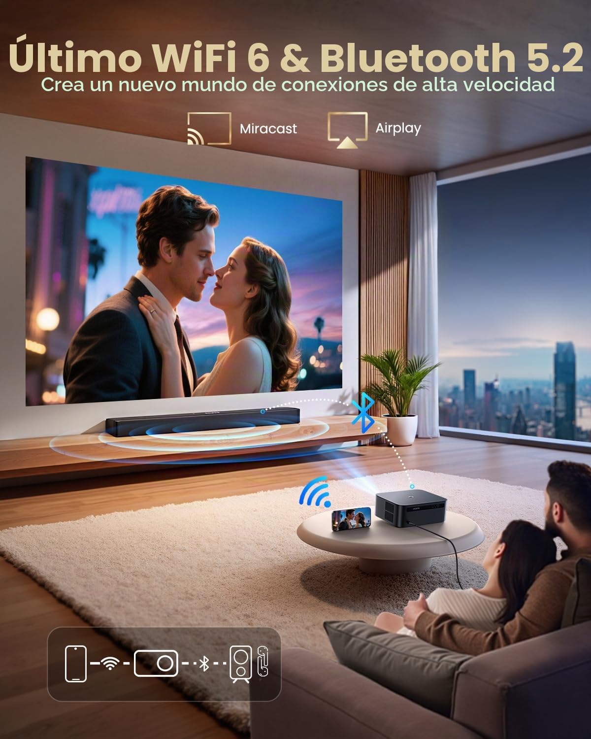 Proyector 4K【1400 ANSI/Google TV/Netflix Ready】 WiMiUS Proyector Full HD 1080P Nativo, Auto Focus/Keystone, WiFi 6&Bluetooth 5.2, Control de Voz Projector en Casa/Exterior (Negro carbón)