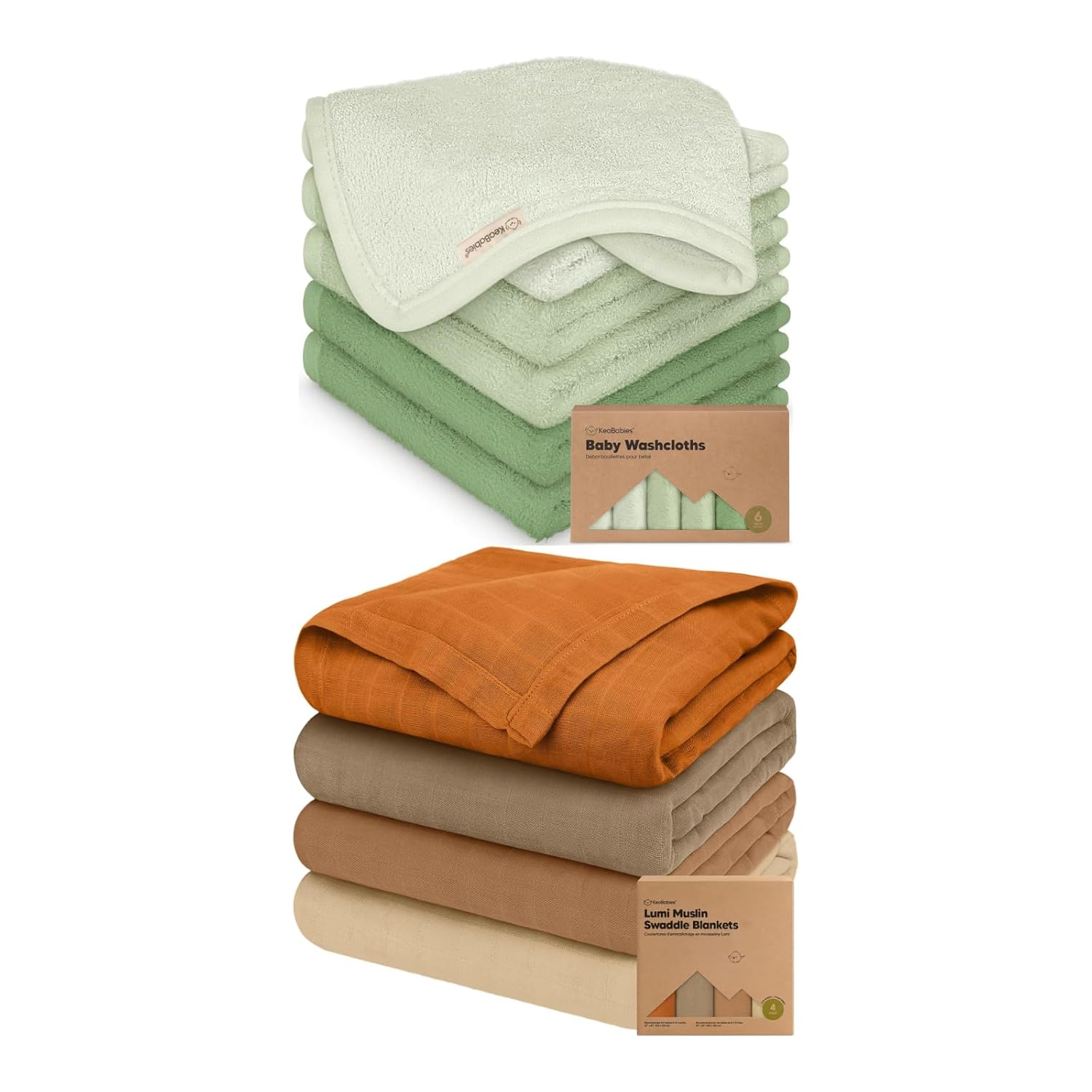KeaBabies Baby Washcloths for Newborn, Kids and 4-Pack Muslin Swaddle Blankets for Baby Boys, Girls - Soft, Absorbent Bath Cloth and Face Washcloths - Newborn Receiving Blanket