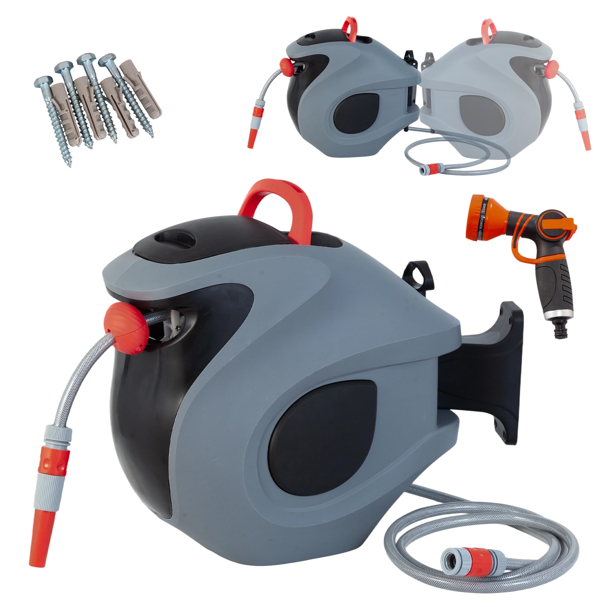 Schlauchbox RollUp 30 m – 180° Schwenkbare Schlauchtrommel, Flexible Bewässerung für Große Gärten, inkl. Wandhalterung, 30 m Gartenschlauch und Ergonomischer Spritze (Graulbau)