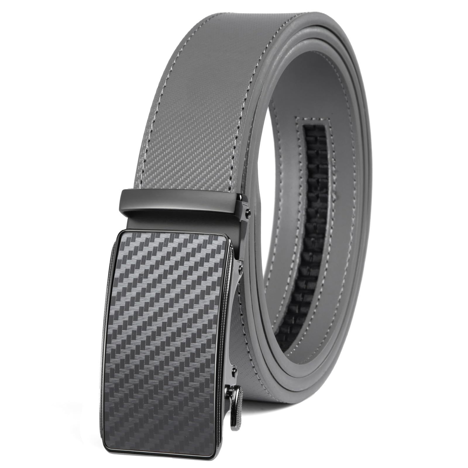 Drowsmen Belt men,leather ratchet belt 1 3/8" with Comfort Click Sliding Automatic Buckle, Adjustable belt Trim to Fit, Carbon Fiber Gray/Grey Belts, 36"-42" Waist Adjustable