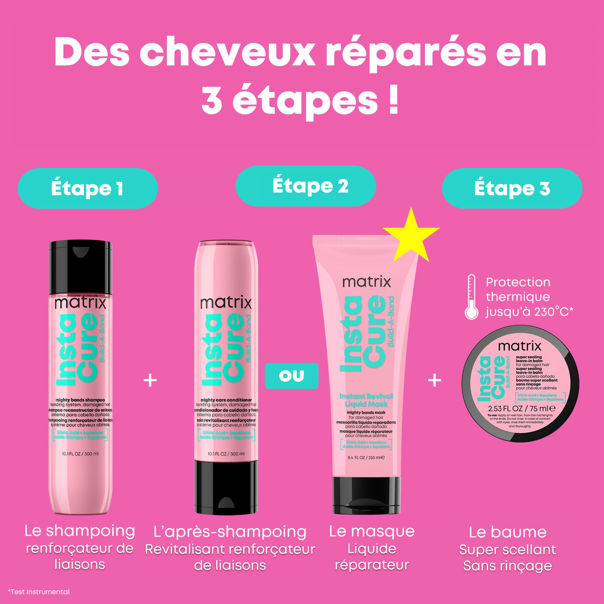 MATRIX - Routine Réparatrice - Shampoing + Après-Shampoing + Baume - Répare et Renforce les liaisons, Adoucie et Lisse - Instacure Build-A-Bond