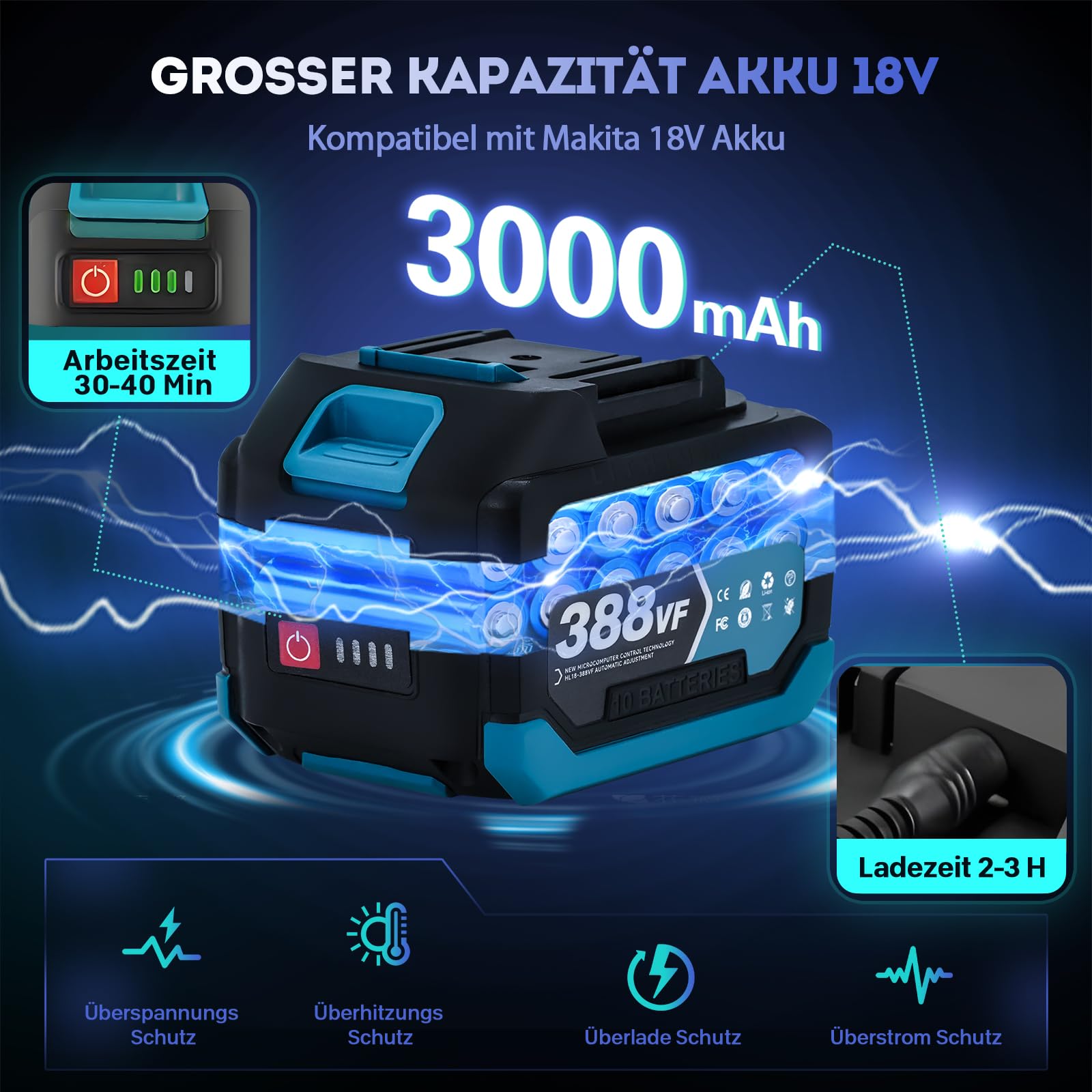 Teleskop Heckenschere Akku für Makita Akku 18V Höhe bis 2.7m | 48cm Schnittbreite, Zinkenabstand 16 mm,150° winkelverstellbarer Schneidkopf
