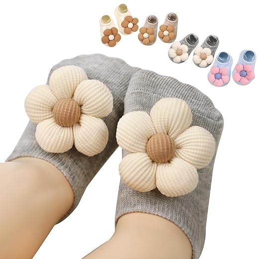KEAINVRN 4Packs Baby Girls Socks,Flower Non-Slip Grips for Babies Toddler Princess Low Cut Ankle Socks for Girls