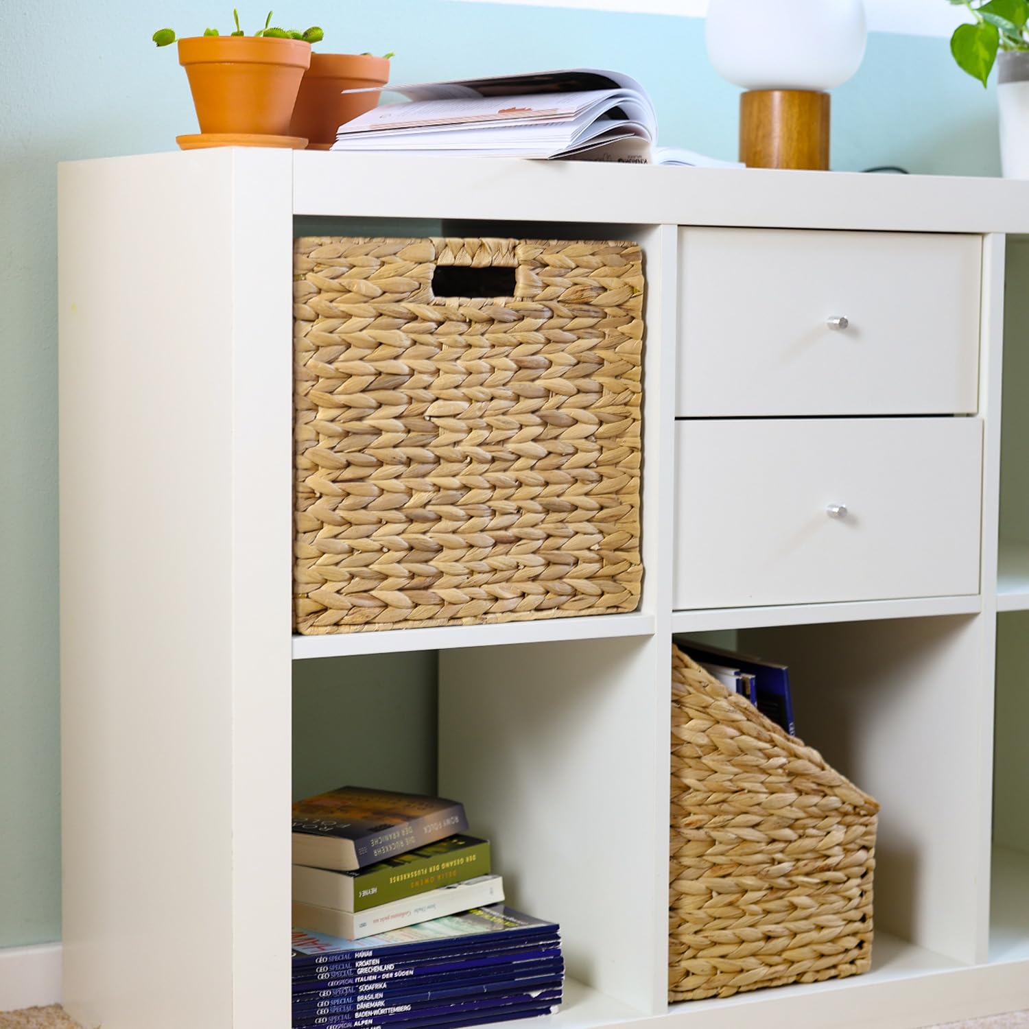 Cesta de almacenamiento HMF adecuada para Kallax para archivos colgantes DIN A4, cesta trenzada de jacinto de agua, incluye 8 archivos colgantes, 33 x 38 x 32 cm