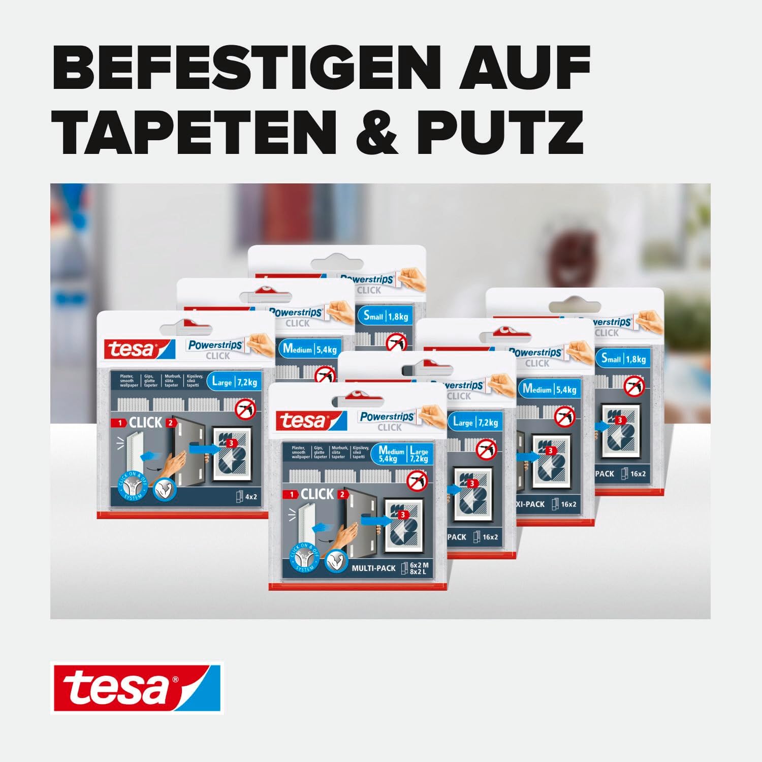 tesa Powerstrips Click - Velcro Adhesive Pads for Clicking on and Off Picture Frames and Wall Decorations No Drilling - Self-Adhesive Velcro Strips with On and Off Click System - Small - 16 x 2 Pieces