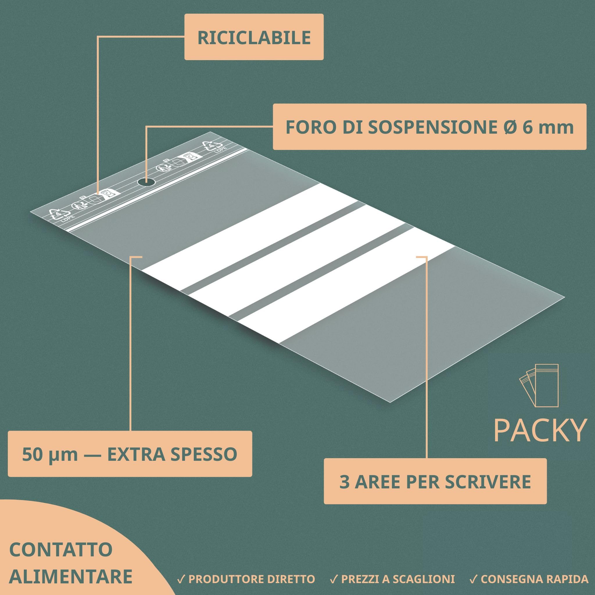 PACKY - Bustine Trasparenti Richiudibili 8x12 Cm - 100 Pezzi - 3 Bande Bianche | Ampia scelta