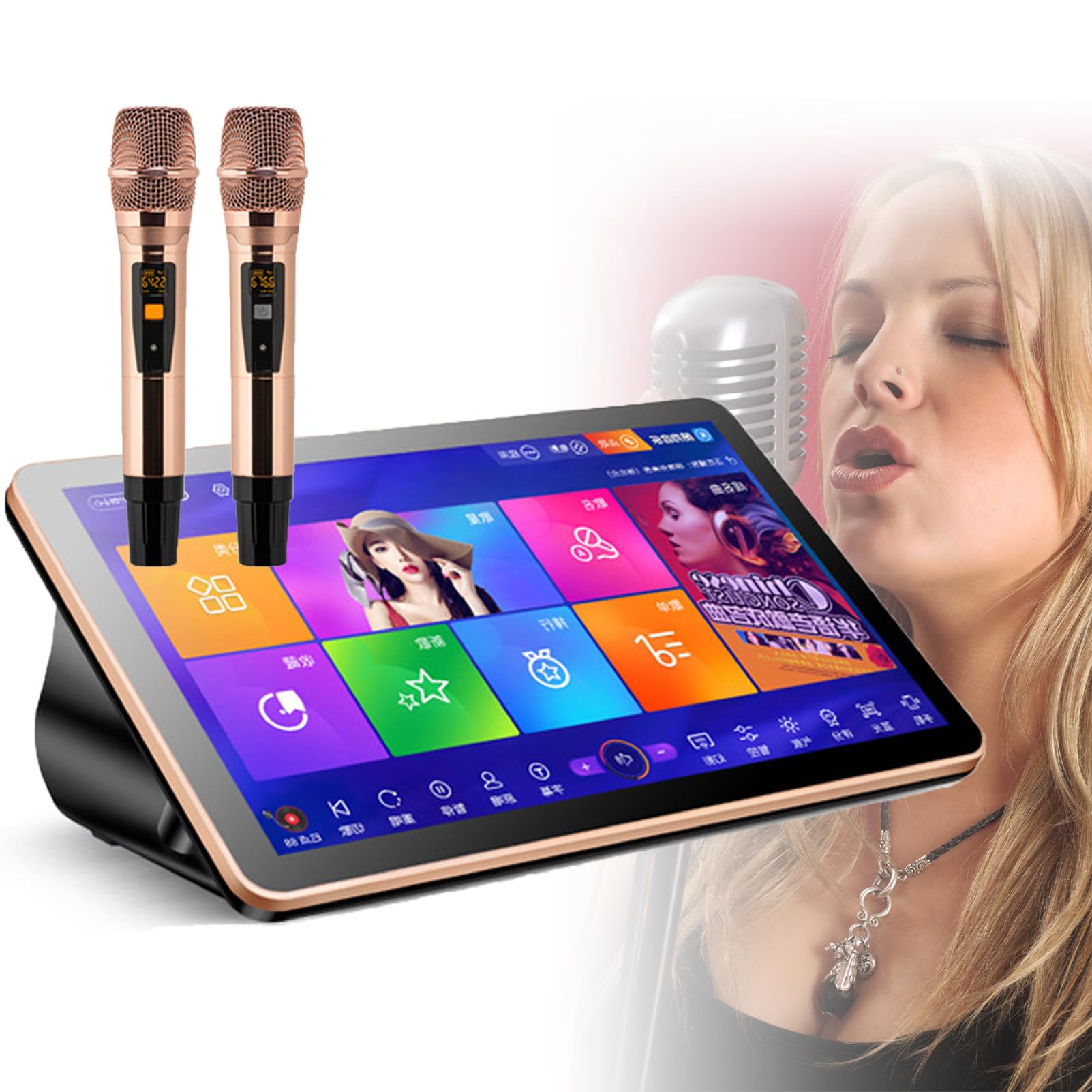Reproductor de karaoke portátil 3 en 1 con 2 micrófonos inalámbricos con reverberación, pantalla táctil de 18,5 pulgadas con visualización de letras, tipo de escritorio, actualización de canciones e