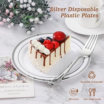 BESTVIP 300PCS Silver Plastic Plates and Silverware for 100 Guests, Pre Rolled Silver Plastic Silverware, Silver Plastic Plates for Party, Birthday